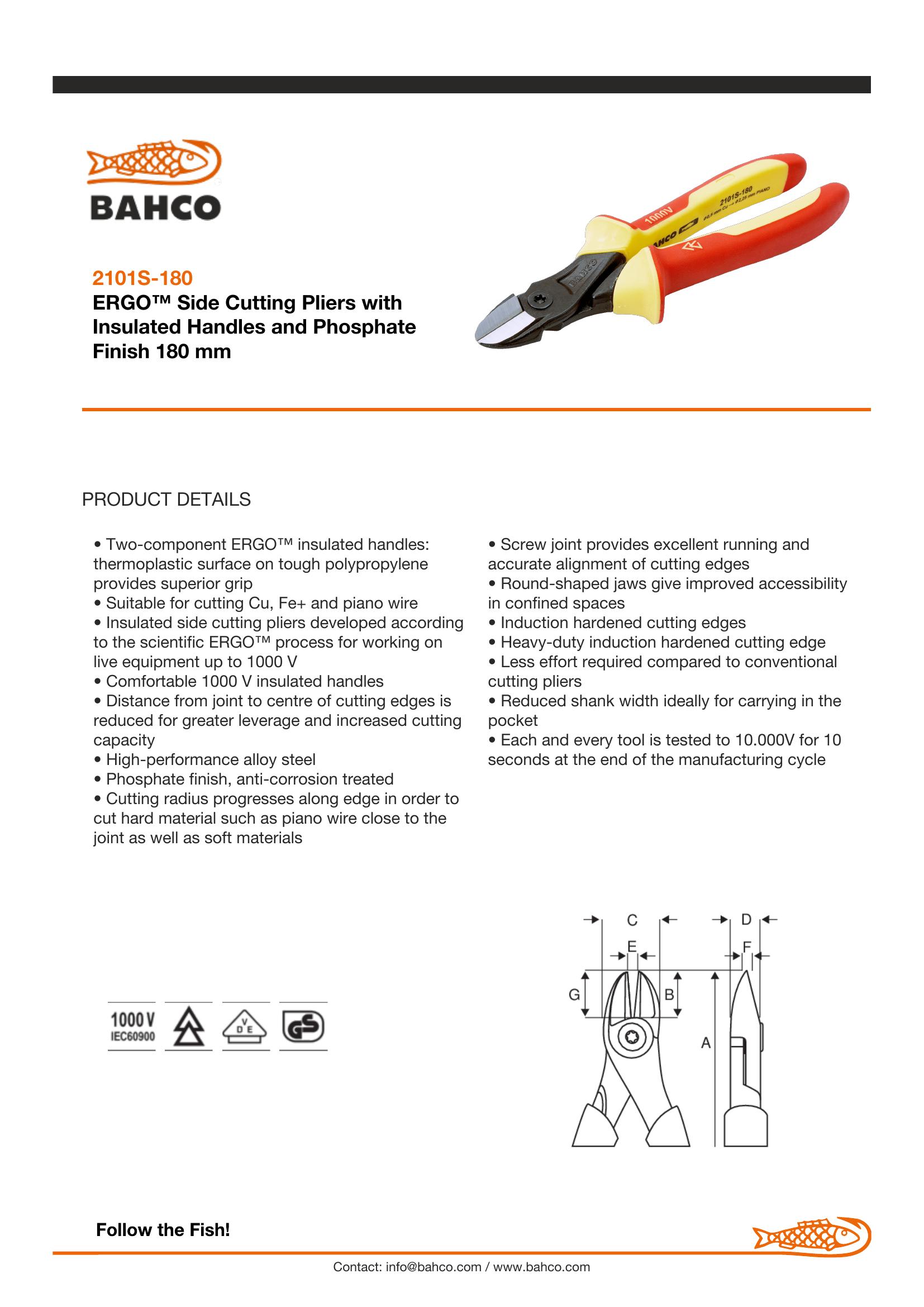 Bahco Pliers, ergo, side cutting, insulated to 1000V, 180mm, max cutting cap 2.0mm - Image 6