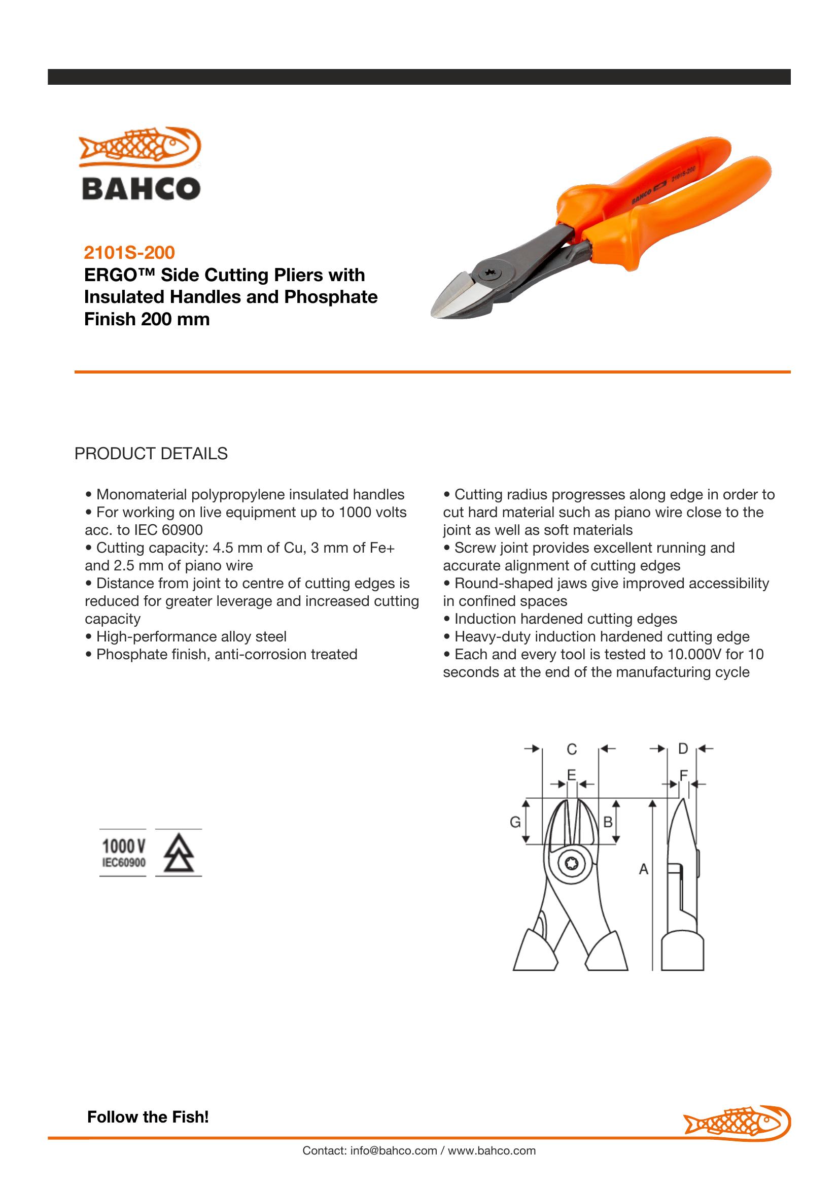 Bahco Pliers, ergo, side cutting, insulated to 1000V, 200mm, max cutting cap 2.25mm - Image 6