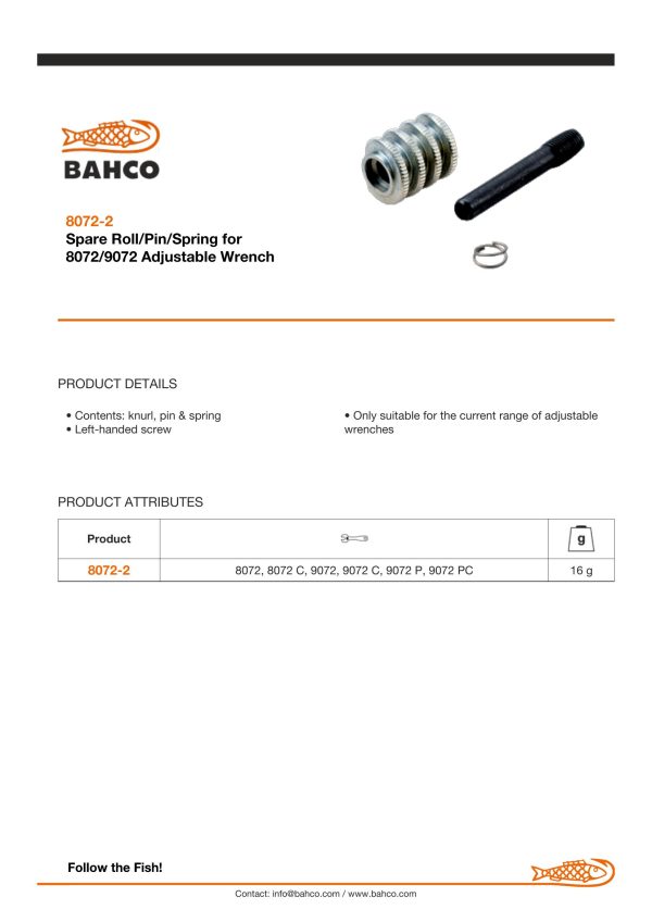 Bahco Knurl, pin & spring - suits 8072 & 9072