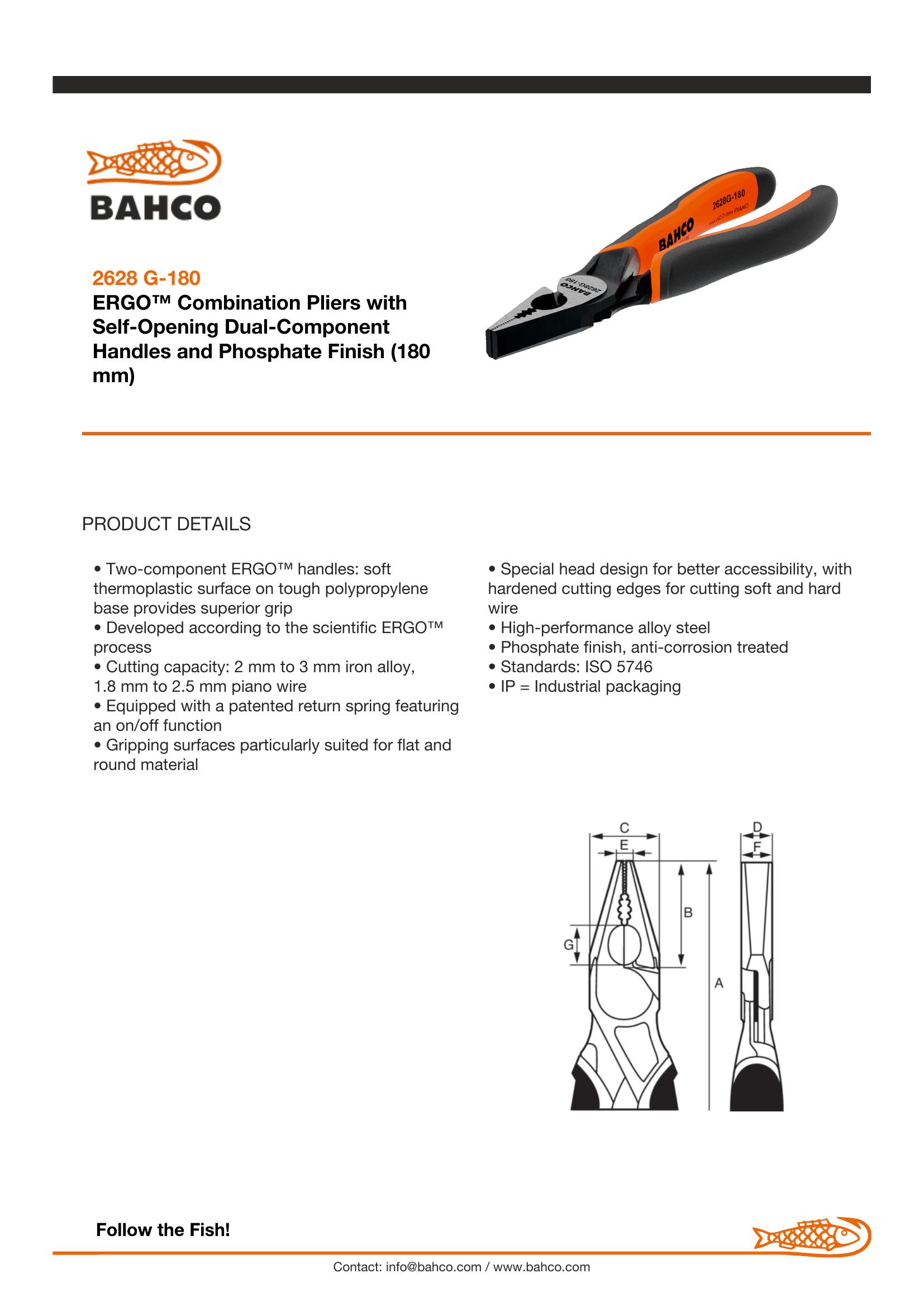 Bahco Pliers, ergo, combination, 180mm, max cutting cap 2.00mm - Image 6
