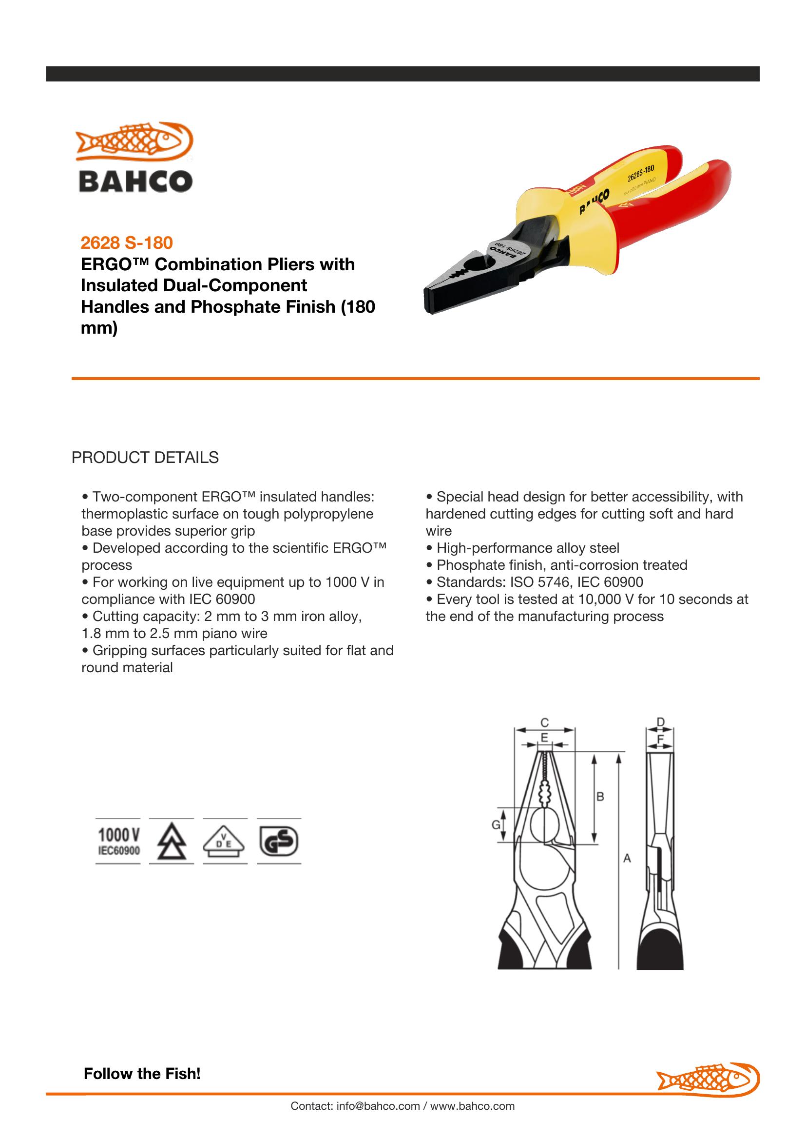 Bahco Pliers, combination, insulated to 1000V, 180mm, max cutting cap 2.00mm - Image 6