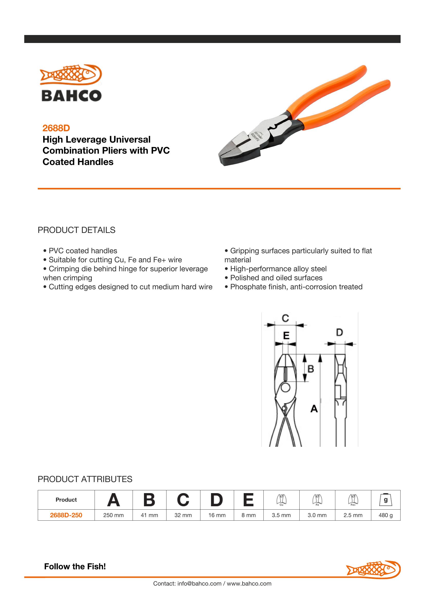 Bahco Plier Combination -250mm Gripping surface suited for gripping flat surfaces. Manufactured from high performance alloy steel. Edges designed to cut medium to hard wire. PVC coated handles . Equipped with crimping die. - Image 6