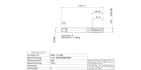 Guhring Metric Taps Carbide TiCN Coated M12 - Image 2