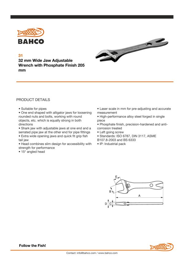 Bahco 32 mm Wide Jaw Adjustable Wrench with Phosphate Finish 205 mm - Image 2