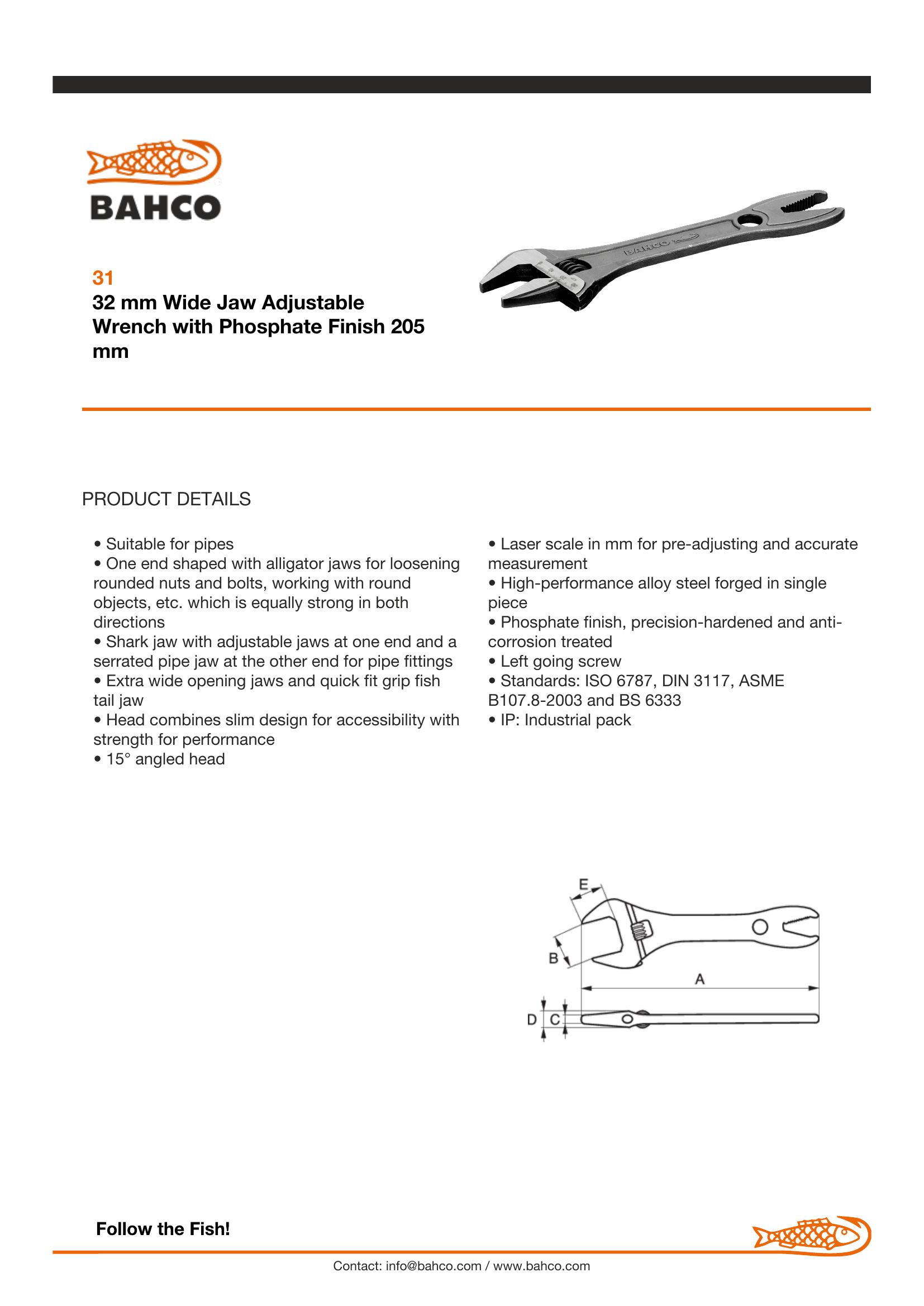 Bahco 32 mm Wide Jaw Adjustable Wrench with Phosphate Finish 205 mm - Image 2