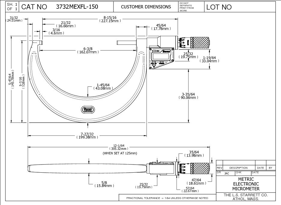 Starrett ELECTRONIC MICROMETER- W/O OUTPUT 125-150mm 3732MEXFL-150 Inch/Metric Electronic Micrometer without Output - Image 2