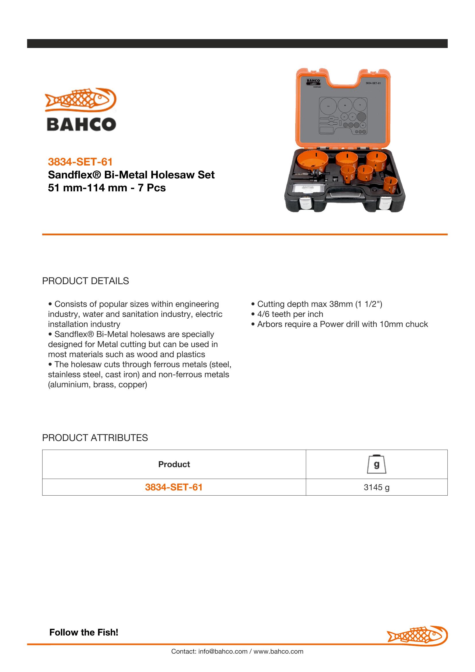 Bahco Holesaw set 7 pce Plumbers 44, 51, 57, 73, 86, 114 mm & 9100 arbor - Image 4