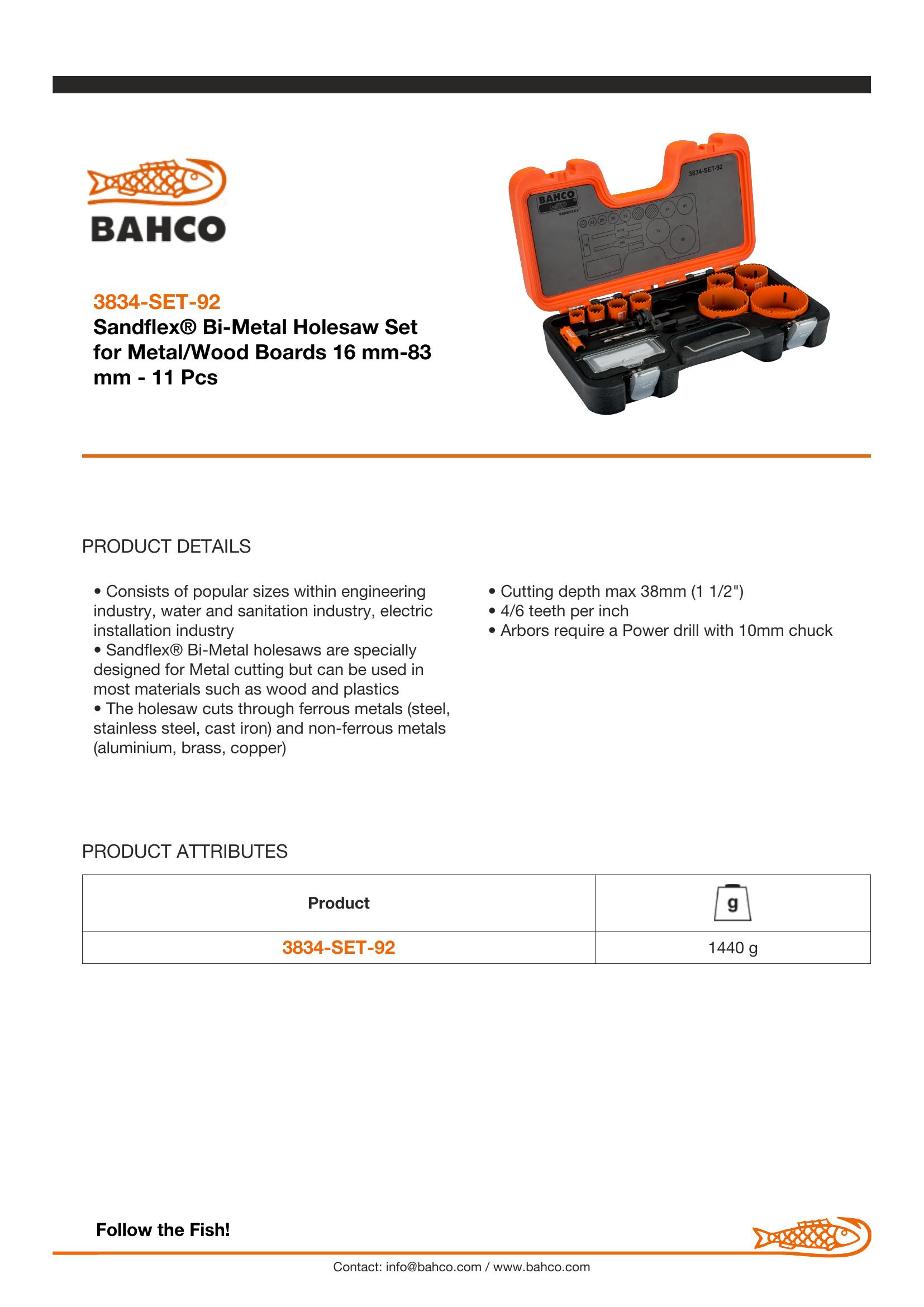 Bahco Holesaw set 11 pce VIP 16, 22, 25, 29, 32, 41, 51, 73, 83mm & 930 & 9100 arbors - Image 4