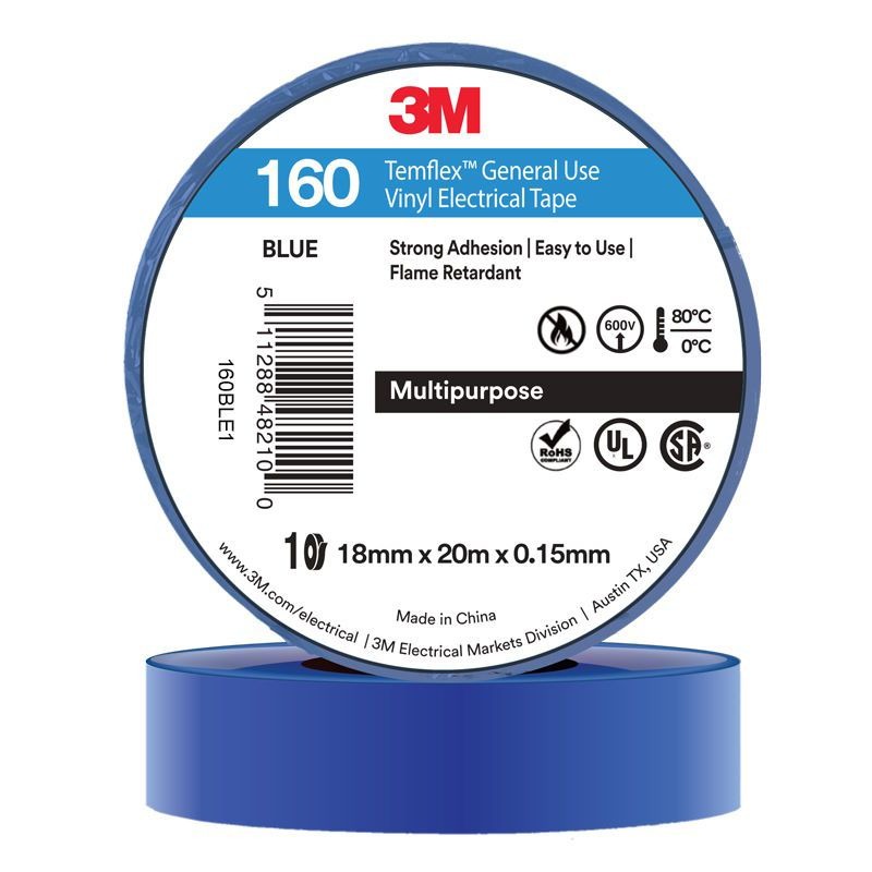 3M - TAPE, VINYL ELECTRICAL 160 TEMFLEX, BLUE, 18mm x 20m