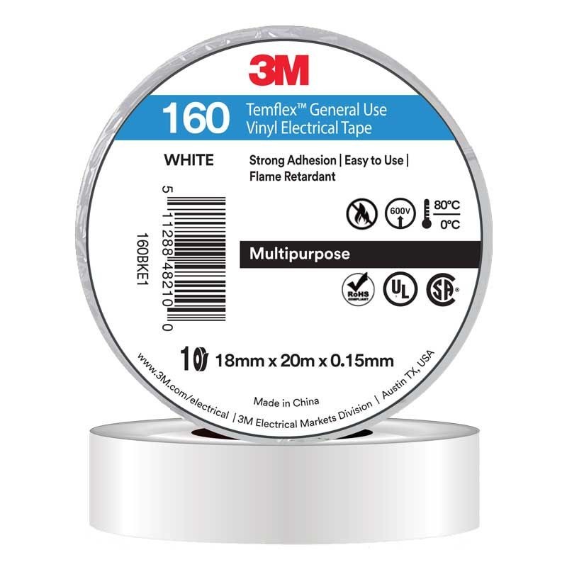 3M - TAPE, VINYL ELECTRICAL 160 TEMFLEX, WHITE, 18mm x 20m