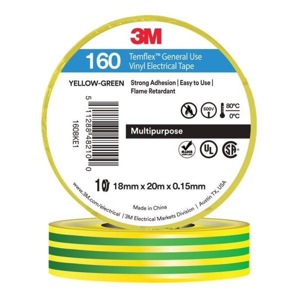 3M - TAPE, VINYL ELECTRICAL 160 TEMFLEX, GRN/YEL, 18mm x 20m