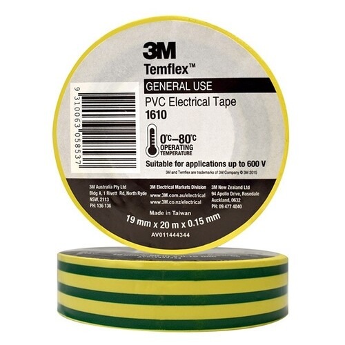 3M - TAPE, GP VINYL ELECTRICAL 1610 TEMFLEX, 19mm x 20m GRN/YEL