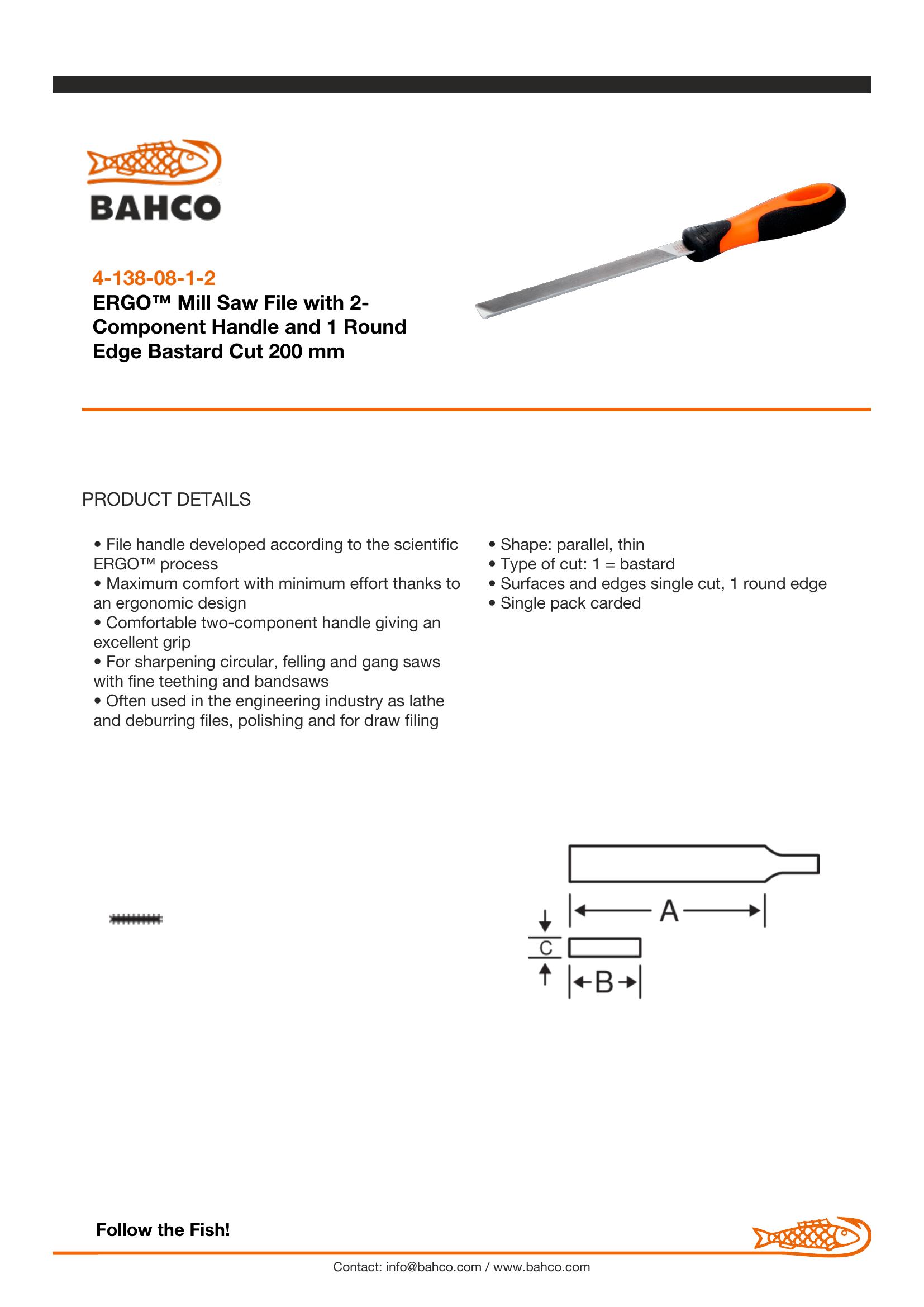 Bahco Mill saw file, 8", 20cm, 1SQ 1RE bastard, ergo handle - Image 5