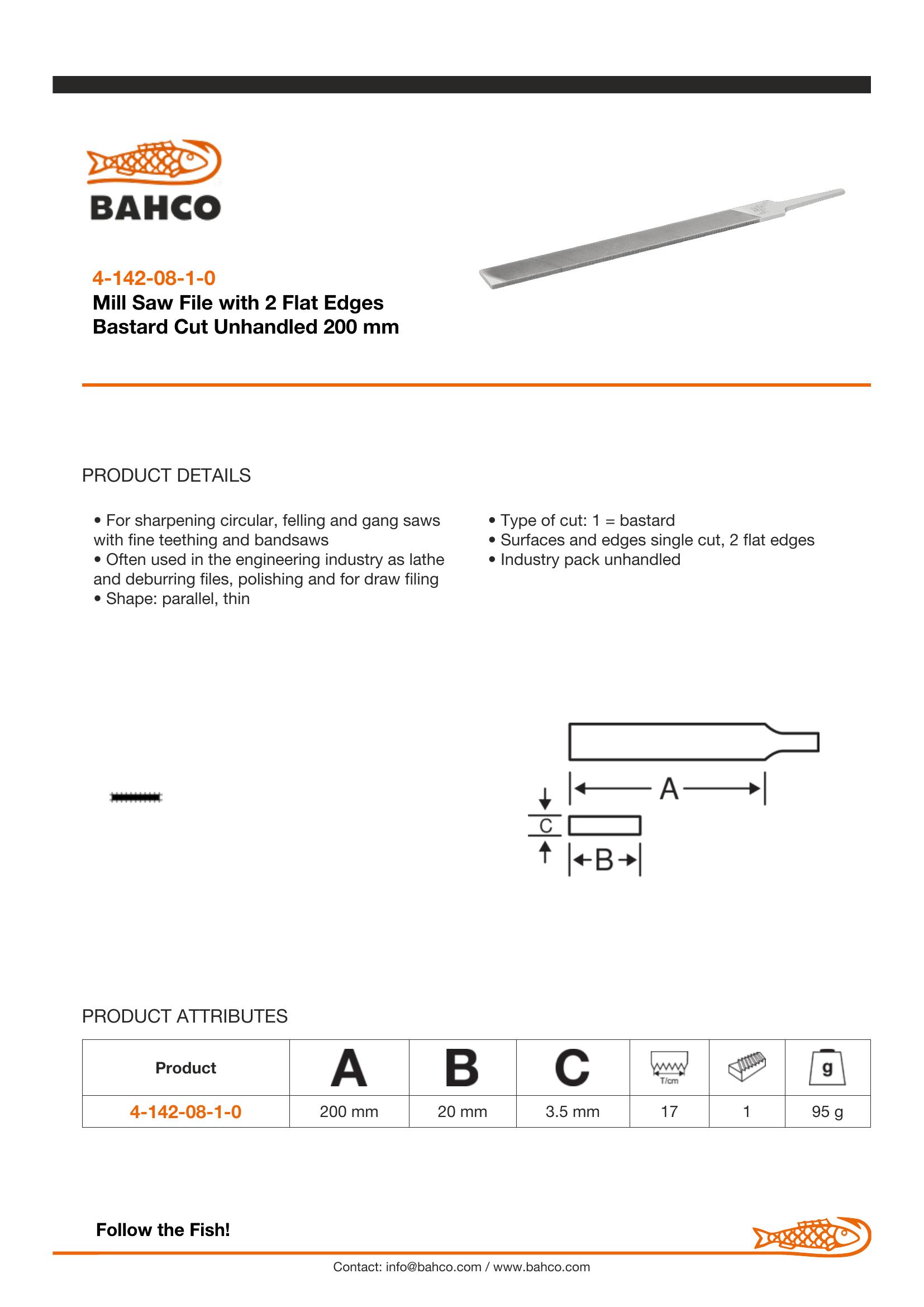 Bahco Mill saw file, 8", 20cm, 2SQE bastard cut, no handle, industrial pack - Image 5