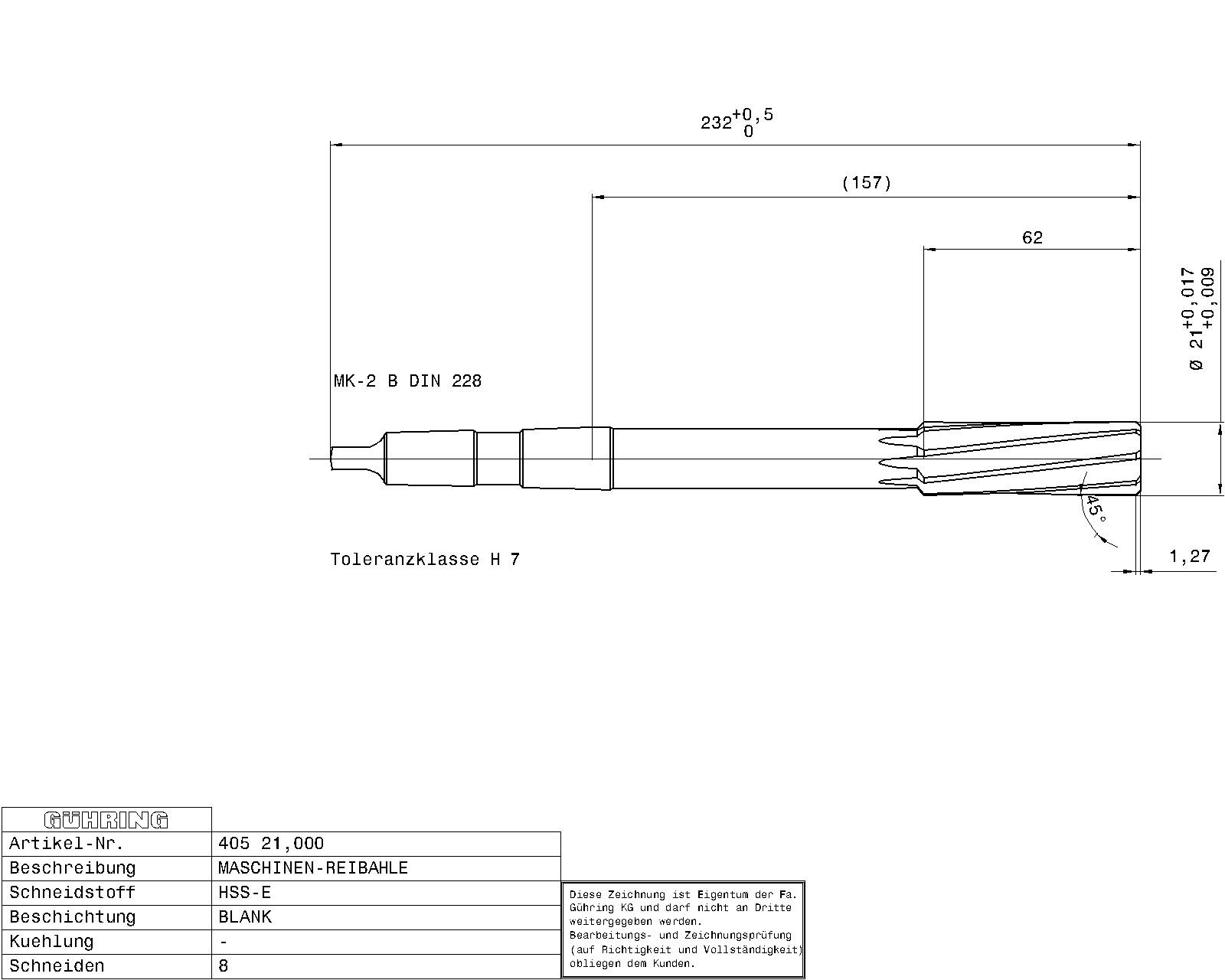 Guhring Machine Reamers Taper Shank HSS-E H7 - Image 2