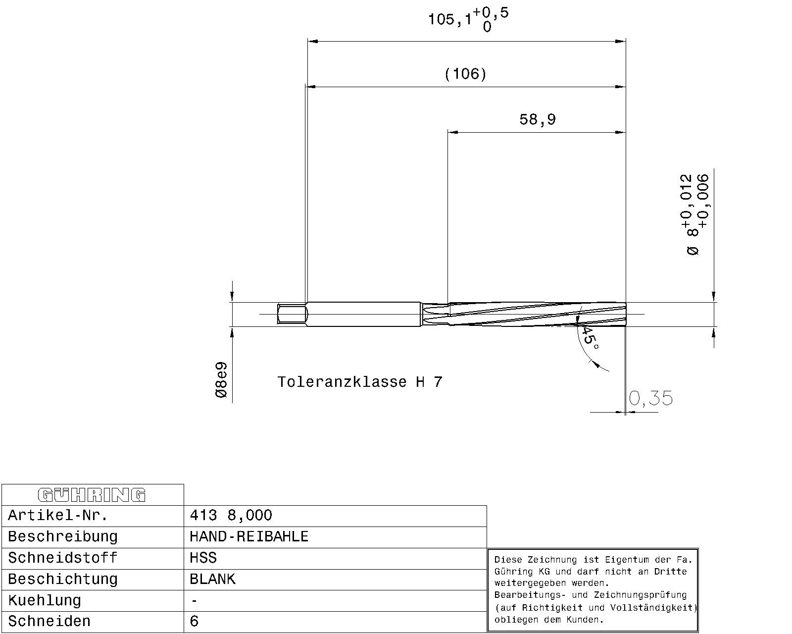 Guhring Hand Reamers HSS H7 - Image 2