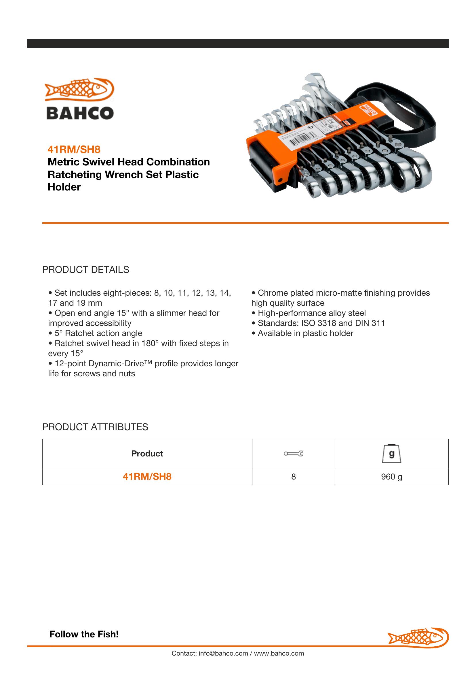 Bahco Swivel Head Combination Ratcheting Wrench Set - 8 Pcs/Plastic Holder - Image 3