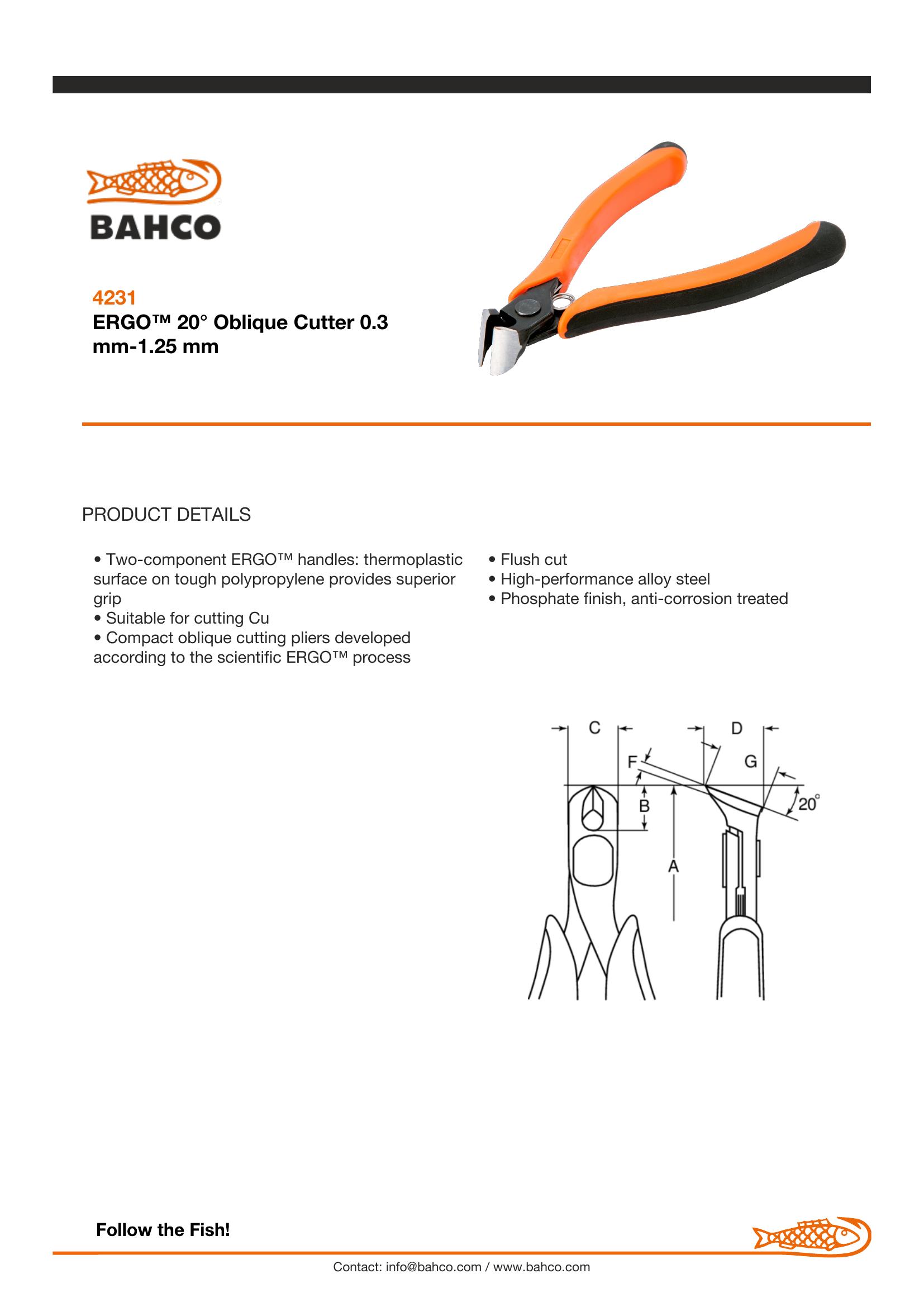 Bahco Ergo plier, oblique cutter, 20 deg angle head, 119mm, ergo sleeves with opening spring, flush cut - Image 6