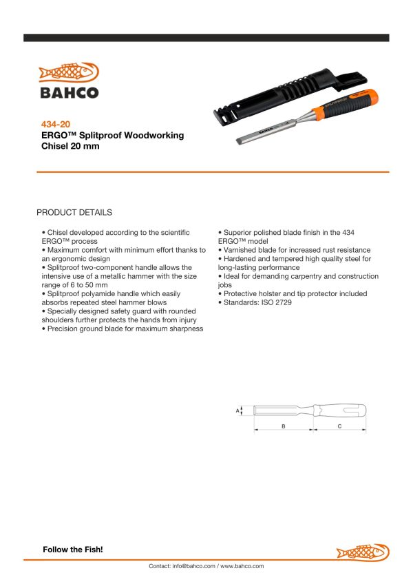 Bahco ERGO™ Splitproof Woodworking Chisel20mm - Image 6