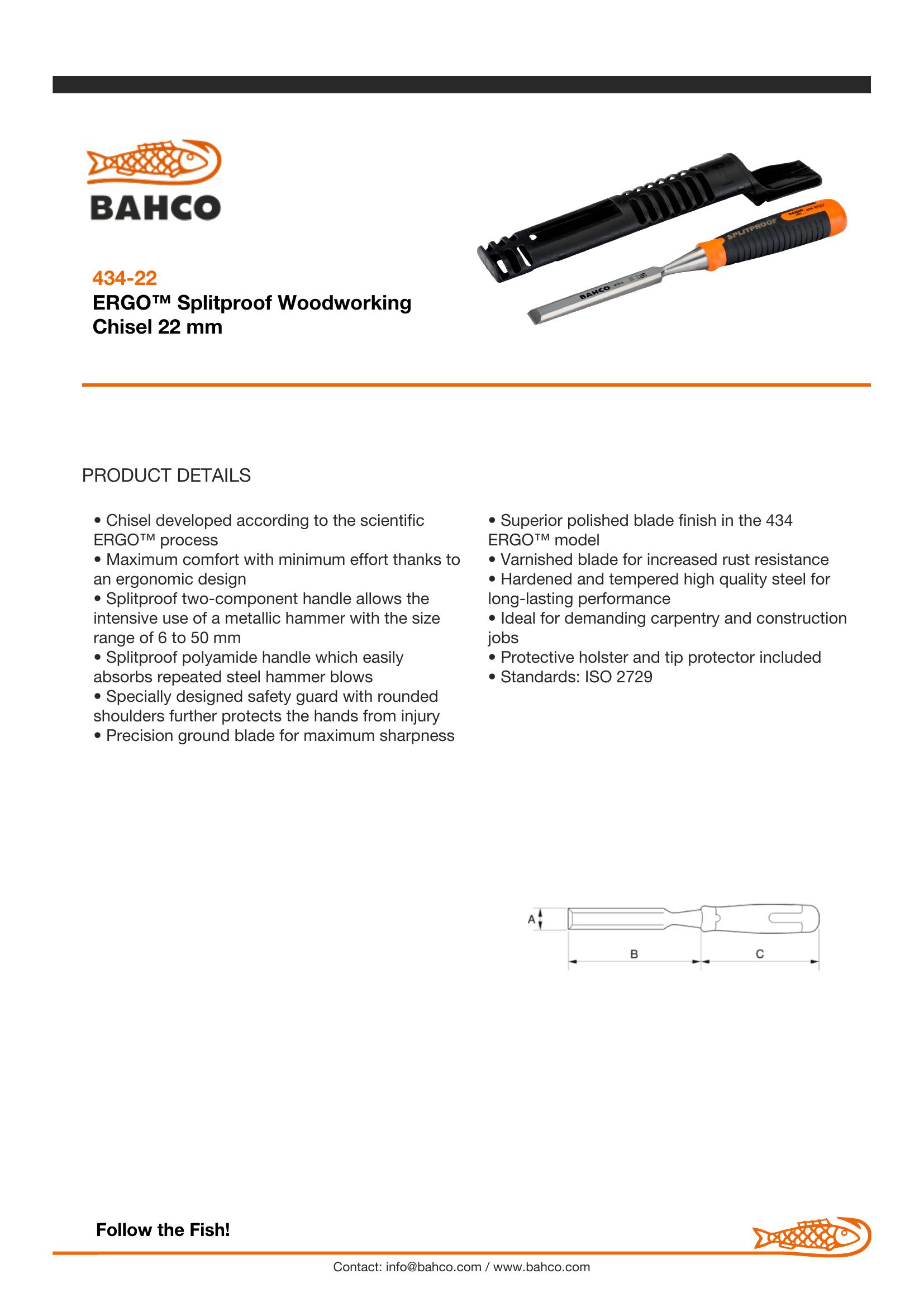 Bahco ERGO™ Splitproof Woodworking Chisel 22mm - Image 6