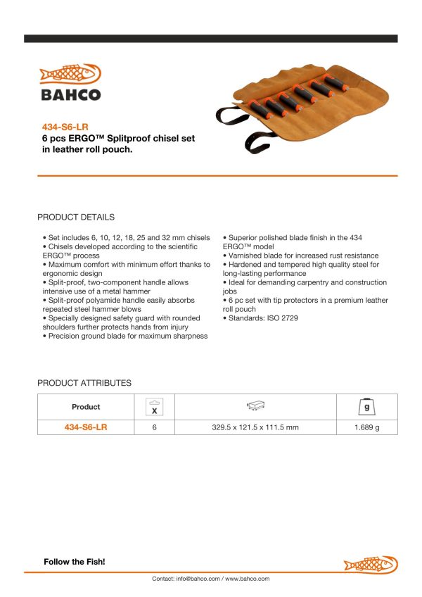 Bahco ERGO™ Splitproof Woodworking Chisel Set - 6 Piece in Leather Roll Pouch - Image 7