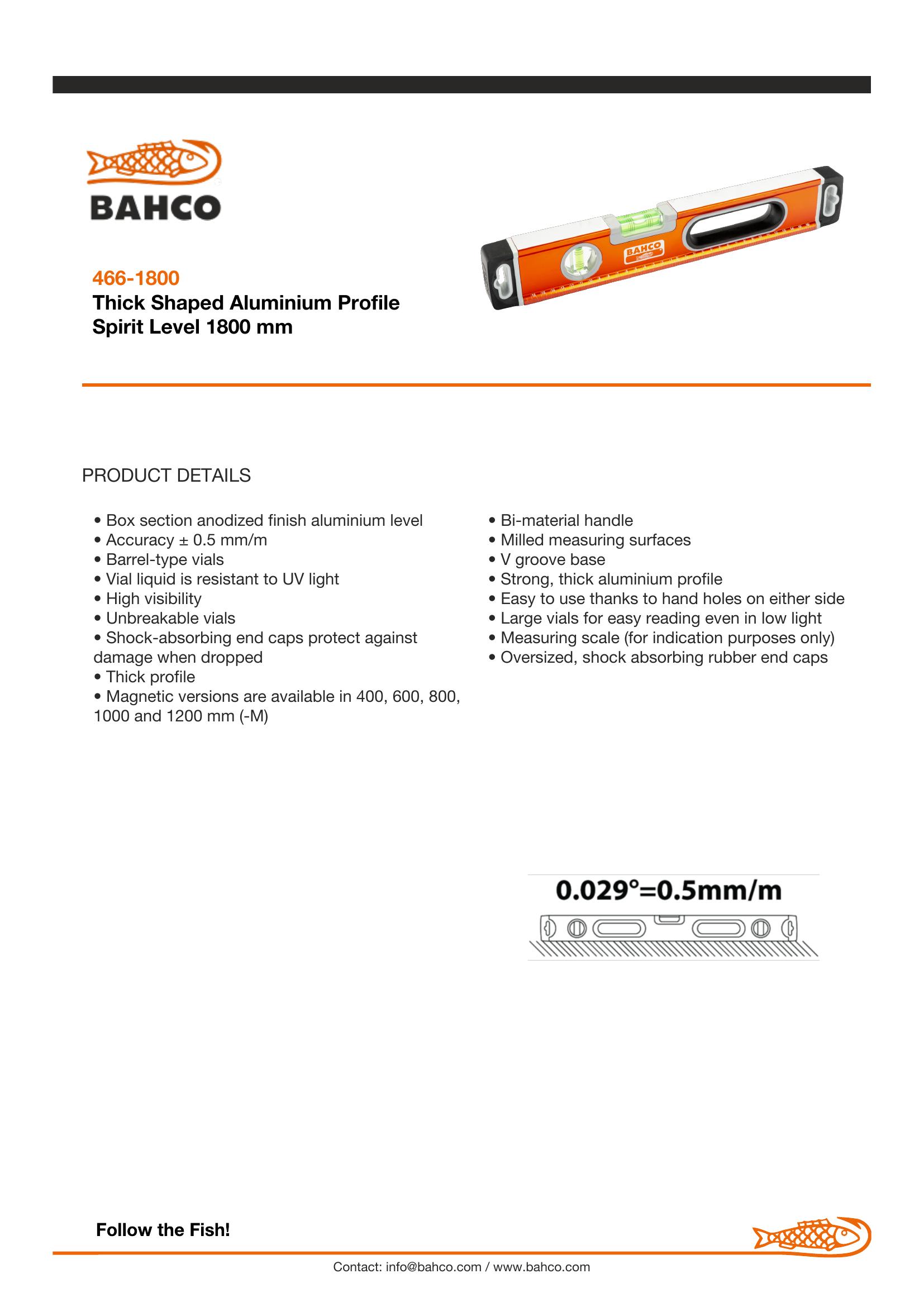 Bahco Box Spirit Level, 1800mm, rigid, 2 vertical plumb vials, 1 horizontal vial - Image 5