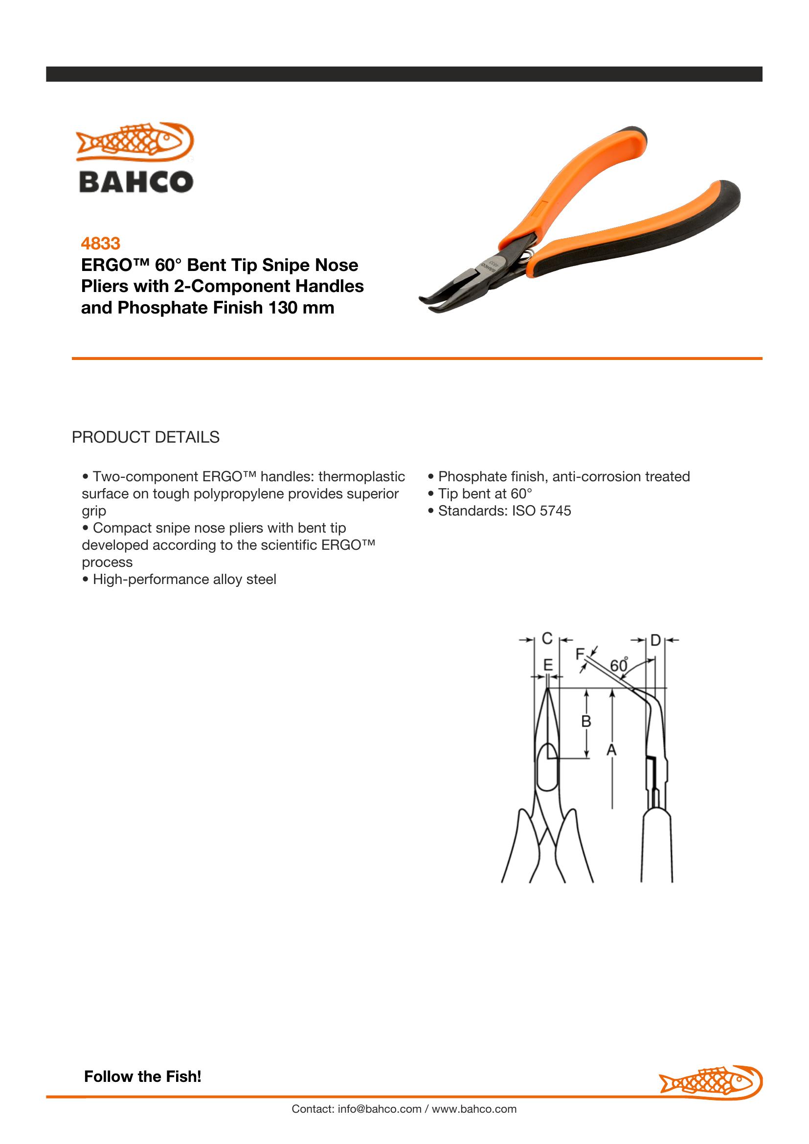 Bahco Ergo plier, snipe nose, bent tip to 60 deg., 130mm, ergo sleeves with opening spring - Image 6