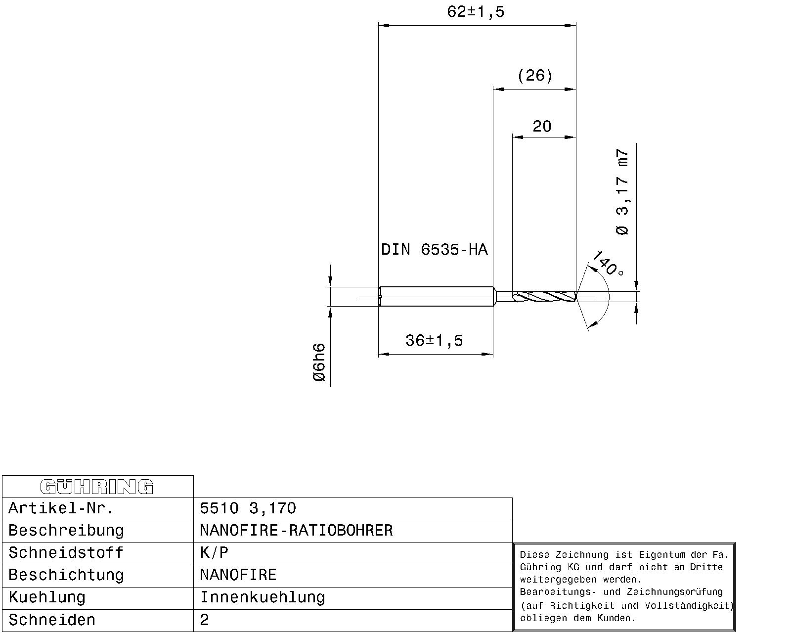 Guhring 3 x D ratio drill thru cool Carbide Fire Coated 1/8 - Image 2