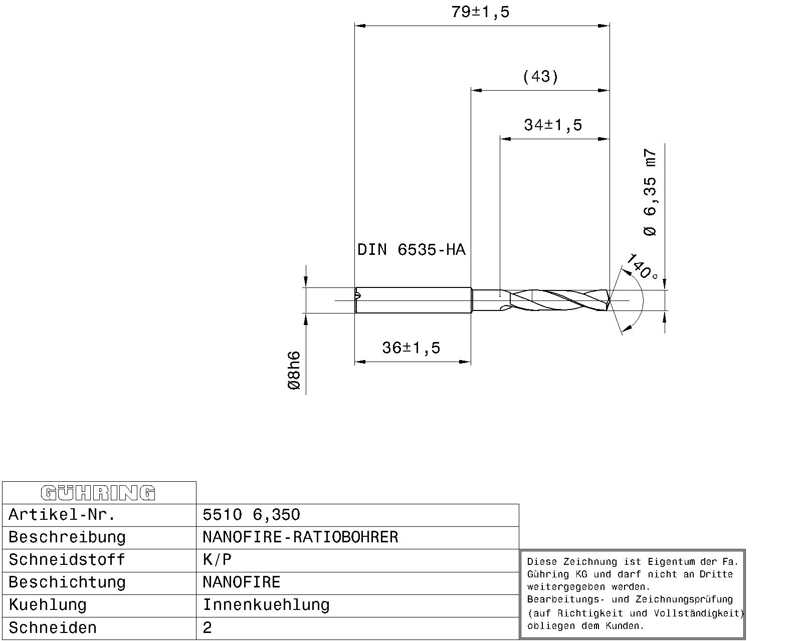 Guhring 3 x D ratio drill thru cool Carbide Fire Coated 1/4 - Image 2
