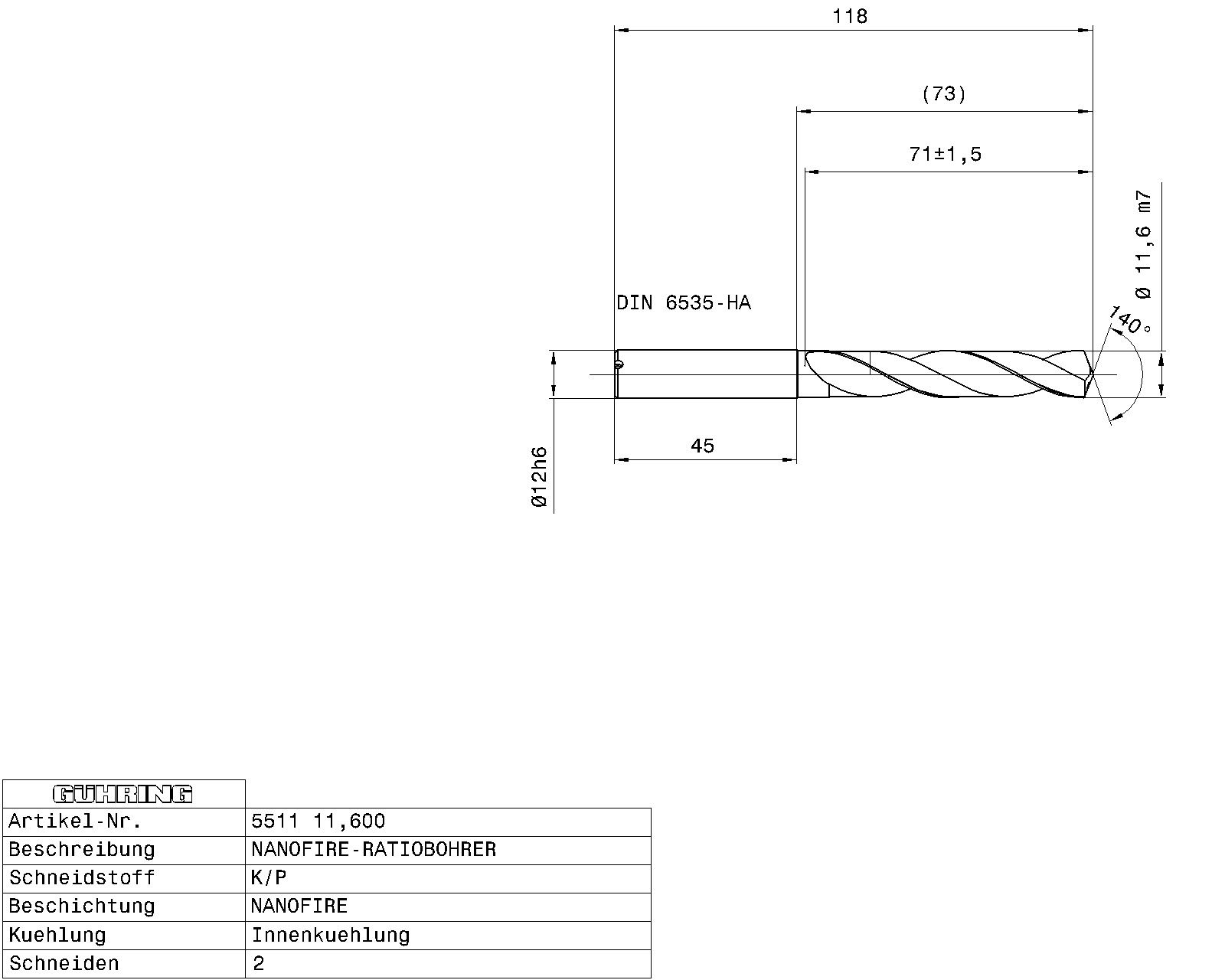 Guhring 5 x D ratio drill thru cool Carbide Fire Coated - Image 2