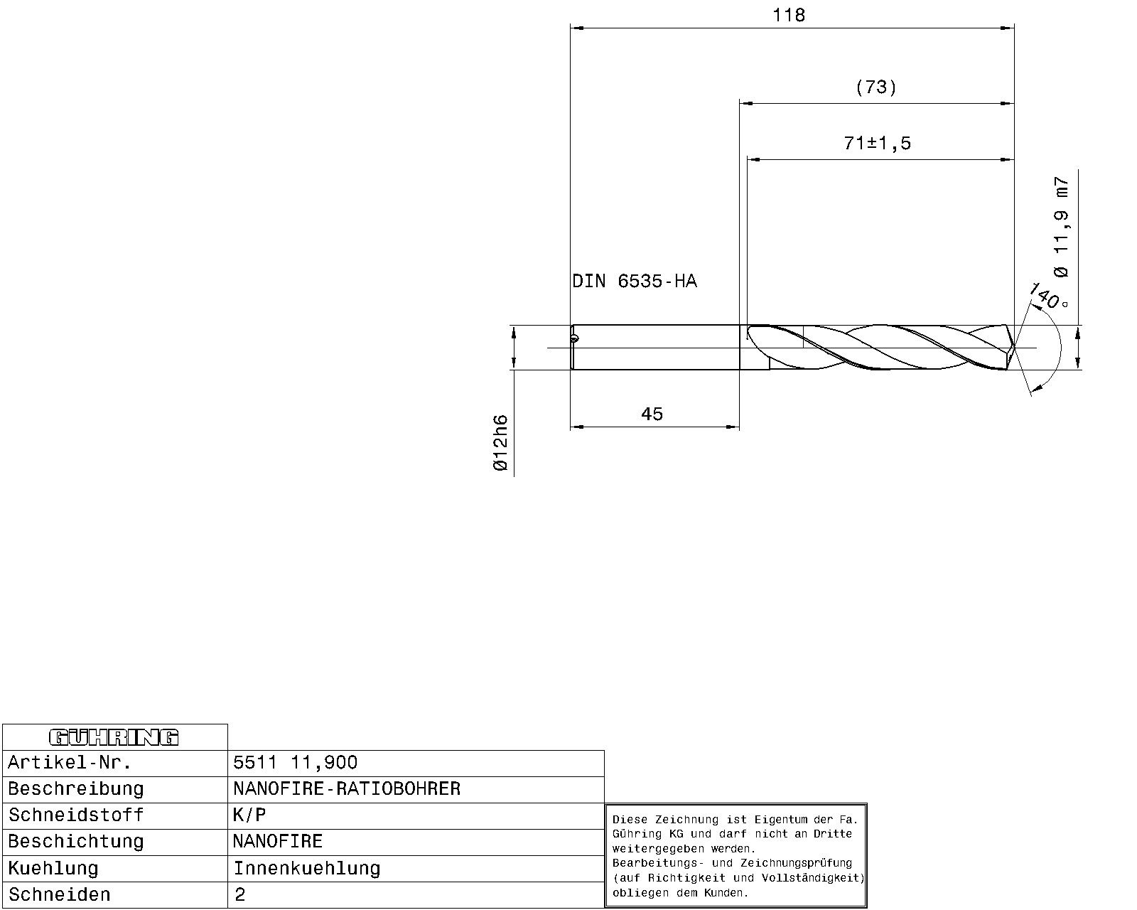 Guhring 5 x D ratio drill thru cool Carbide Fire Coated - Image 2