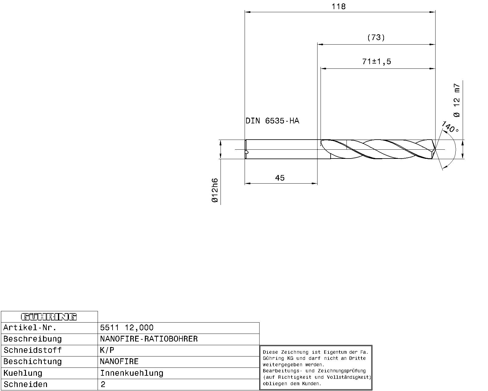 Guhring 5 x D ratio drill thru cool Carbide Fire Coated - Image 2