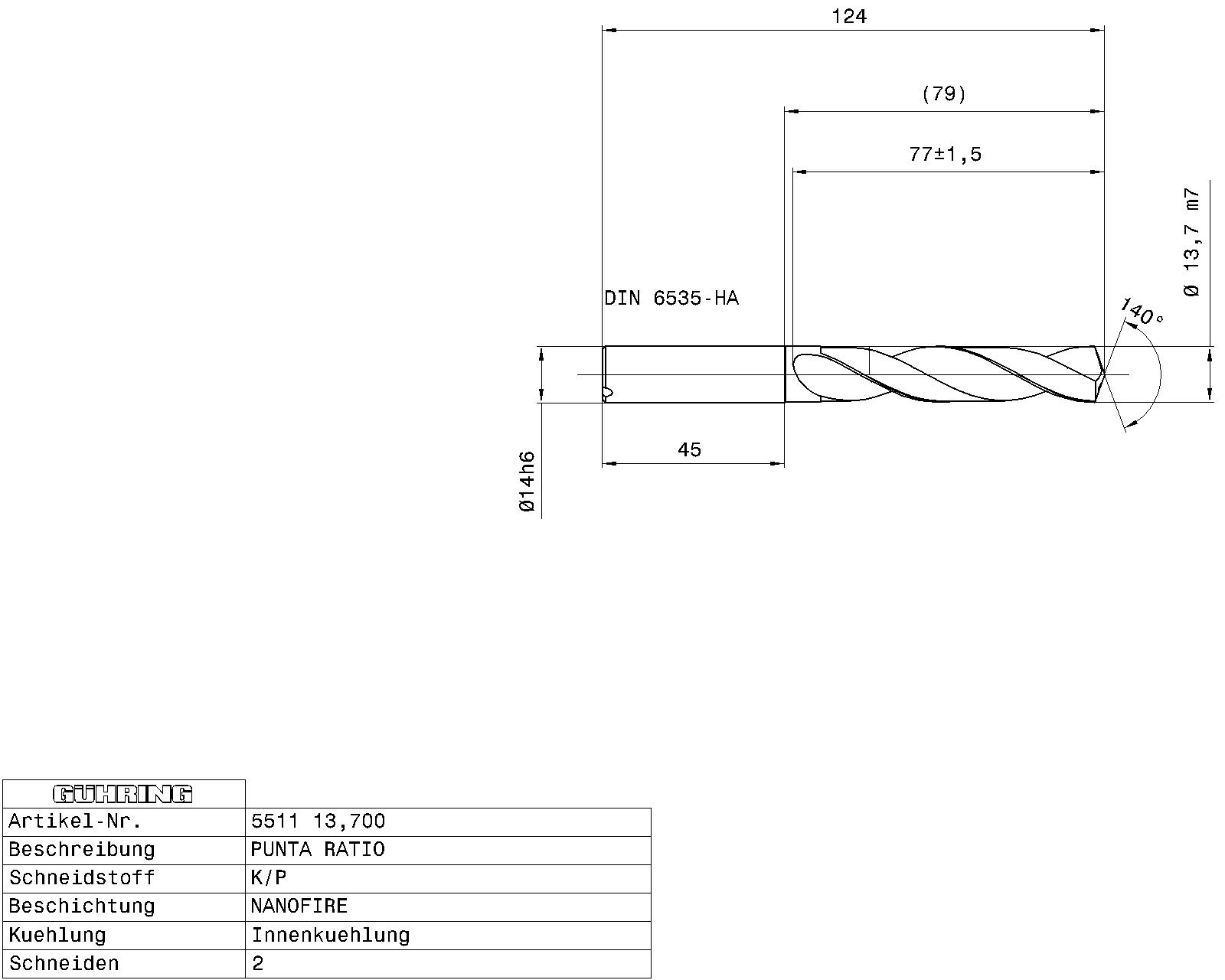Guhring 5 x D ratio drill thru cool Carbide Fire Coated - Image 2