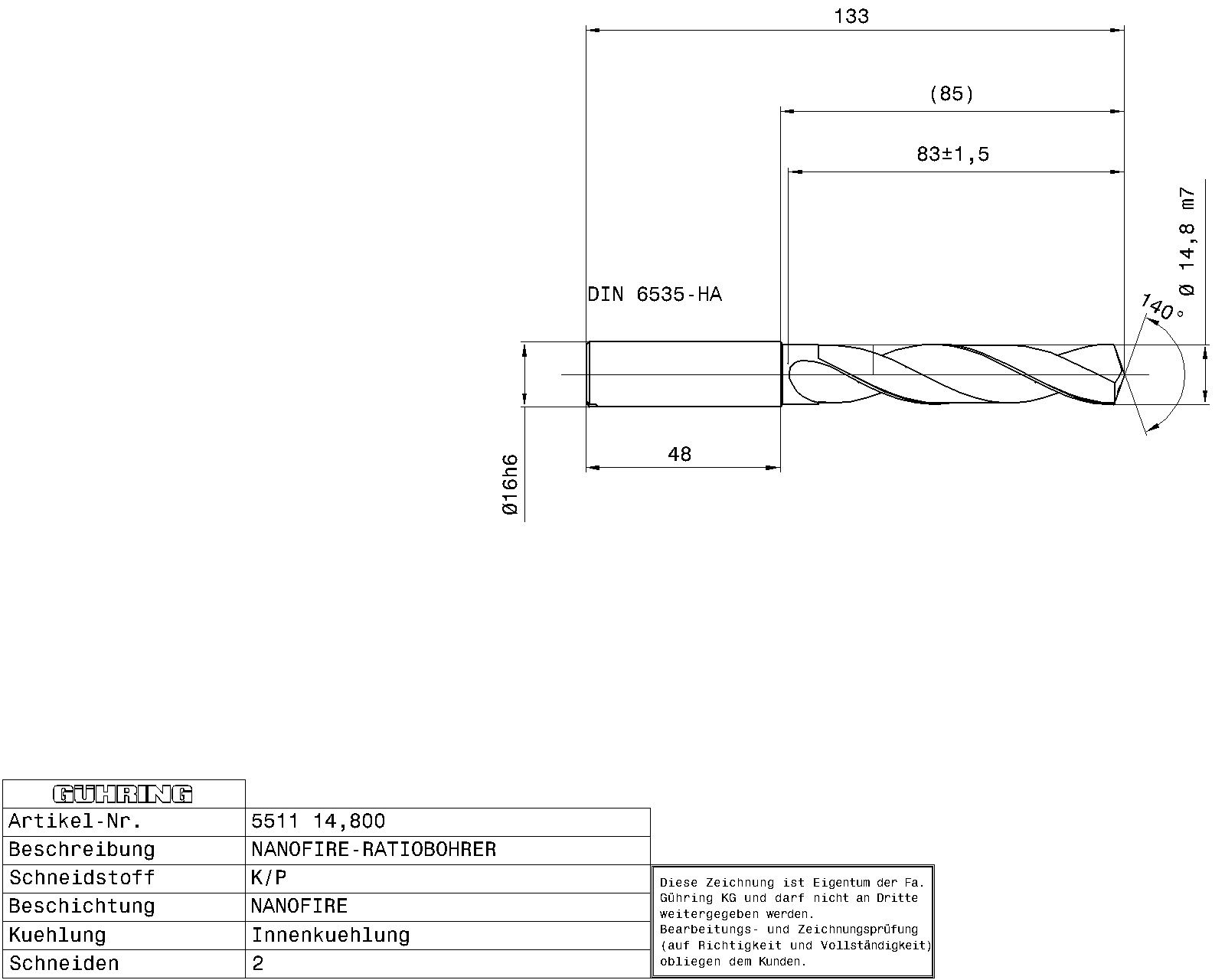 Guhring 5 x D ratio drill thru cool Carbide Fire Coated - Image 2
