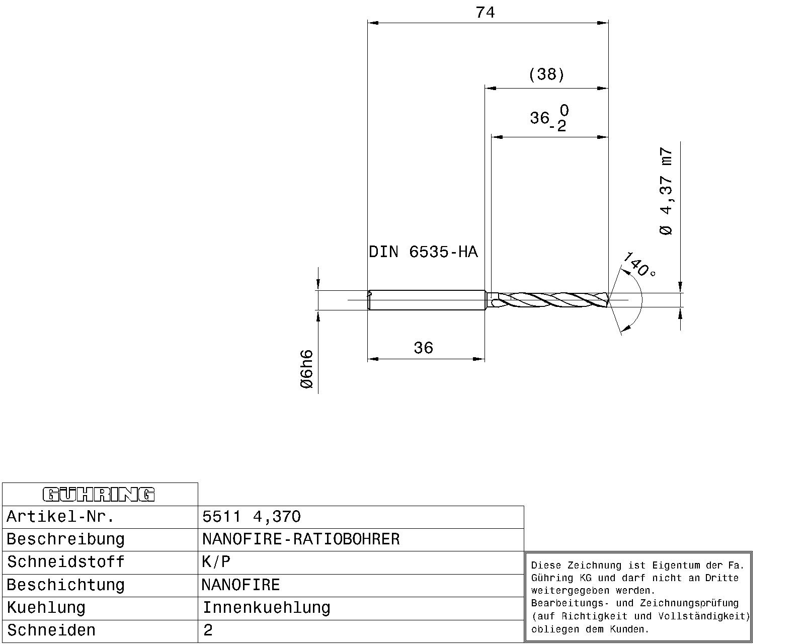 Guhring 5 x D ratio drill thru cool Carbide Fire Coated 11/64 - Image 2
