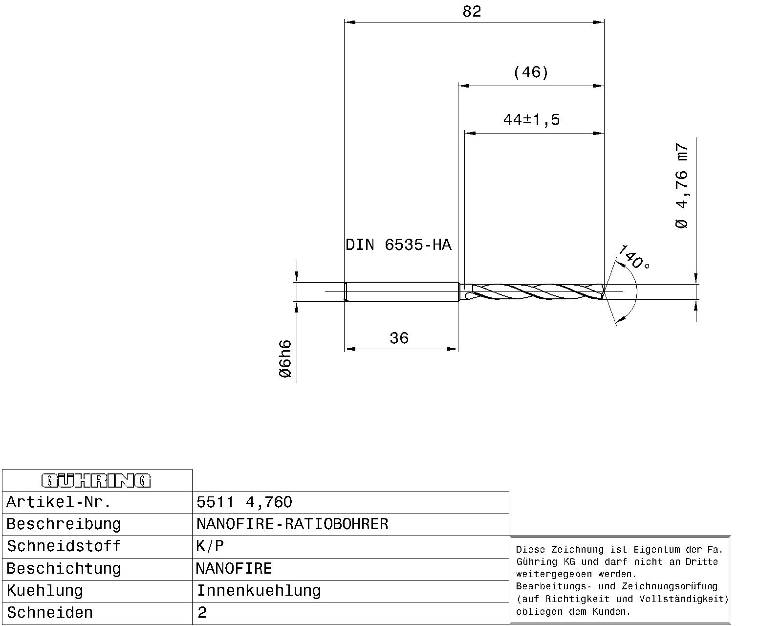 Guhring 5 x D ratio drill thru cool Carbide Fire Coated 3/16 - Image 2
