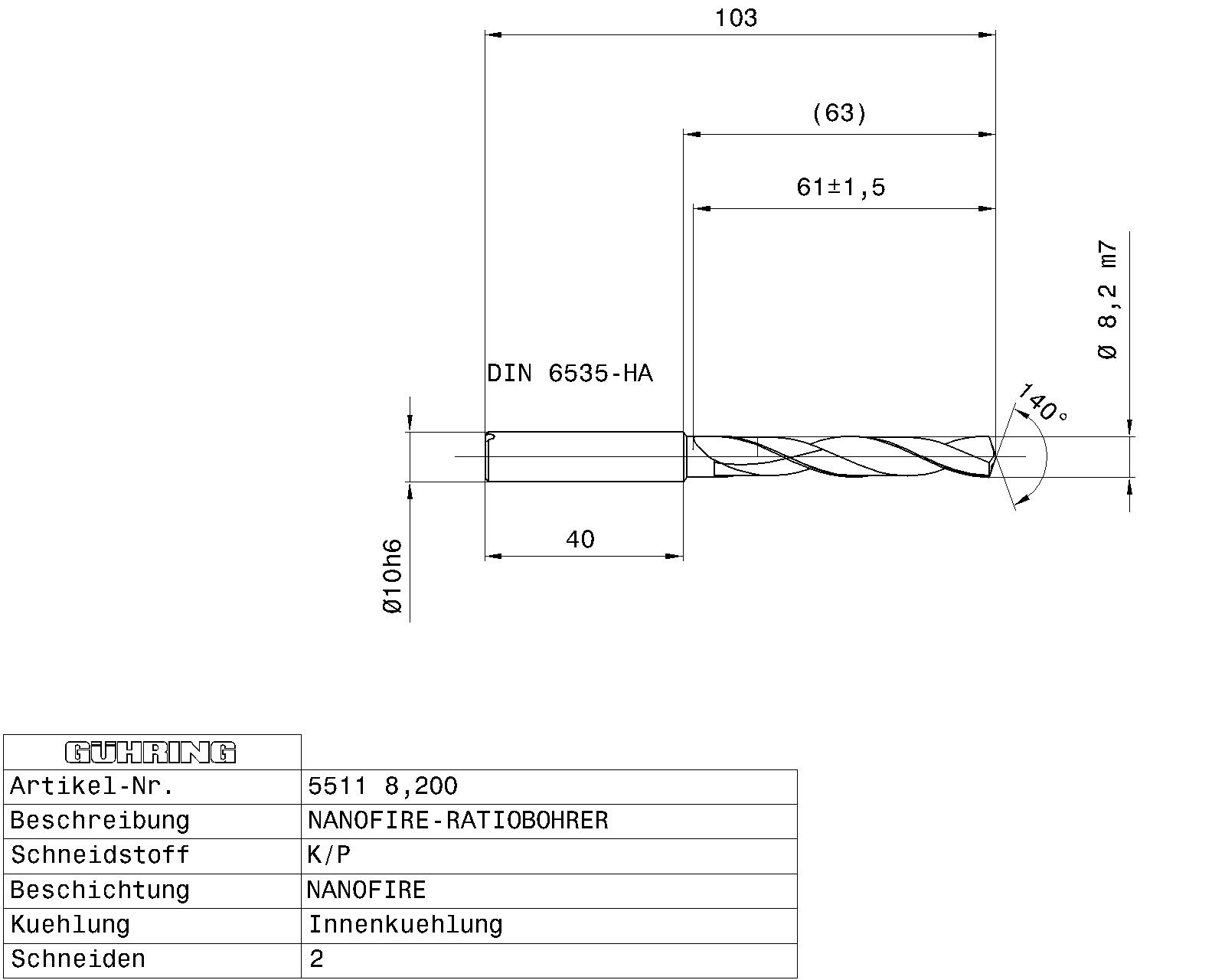 Guhring 5 x D ratio drill thru cool Carbide Fire Coated - Image 2