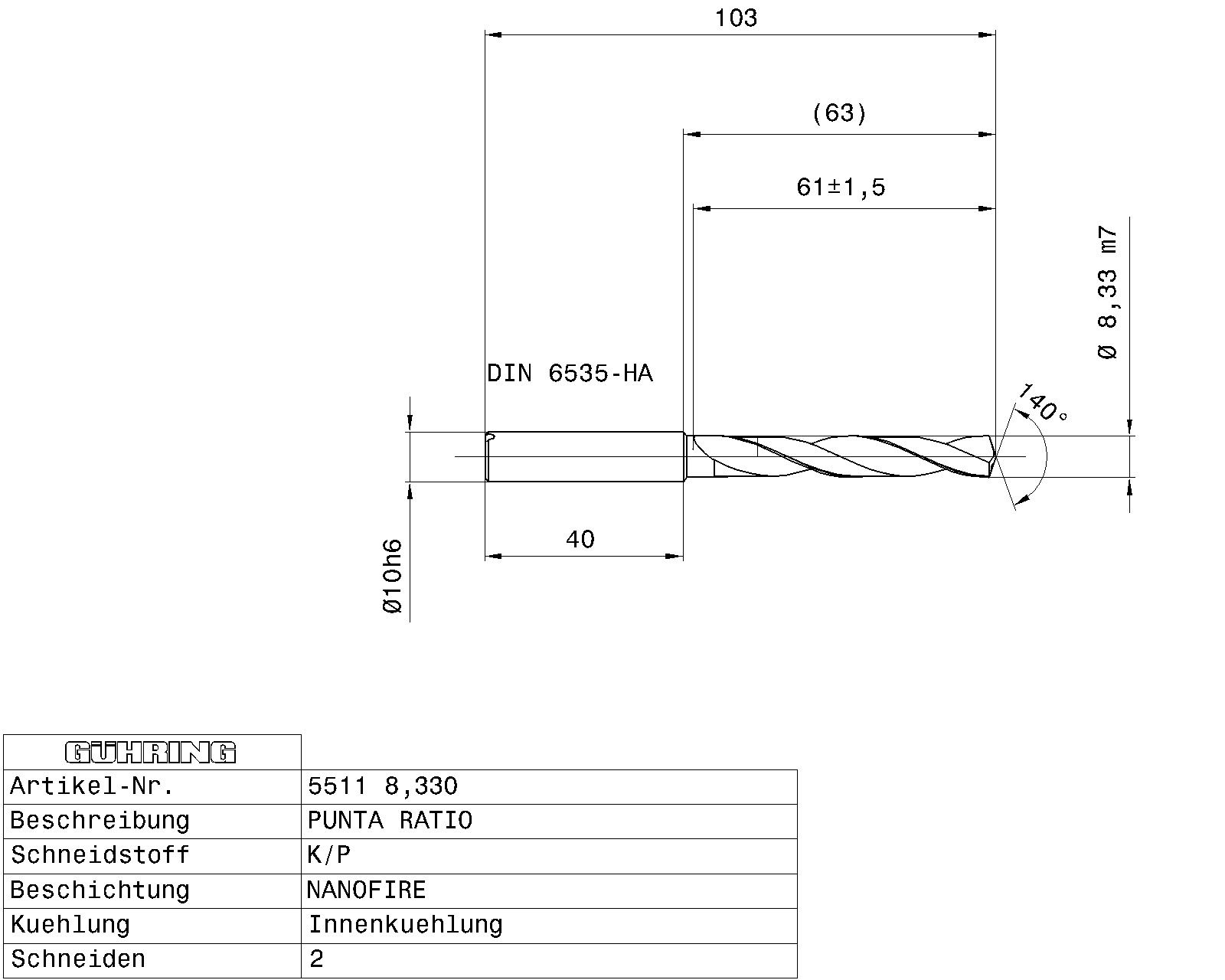 Guhring 5 x D ratio drill thru cool Carbide Fire Coated 21/64 - Image 2