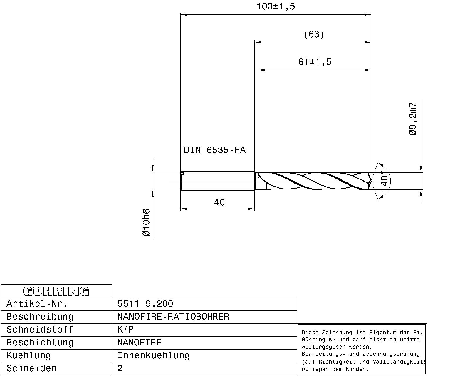 Guhring 5 x D ratio drill thru cool Carbide Fire Coated - Image 2