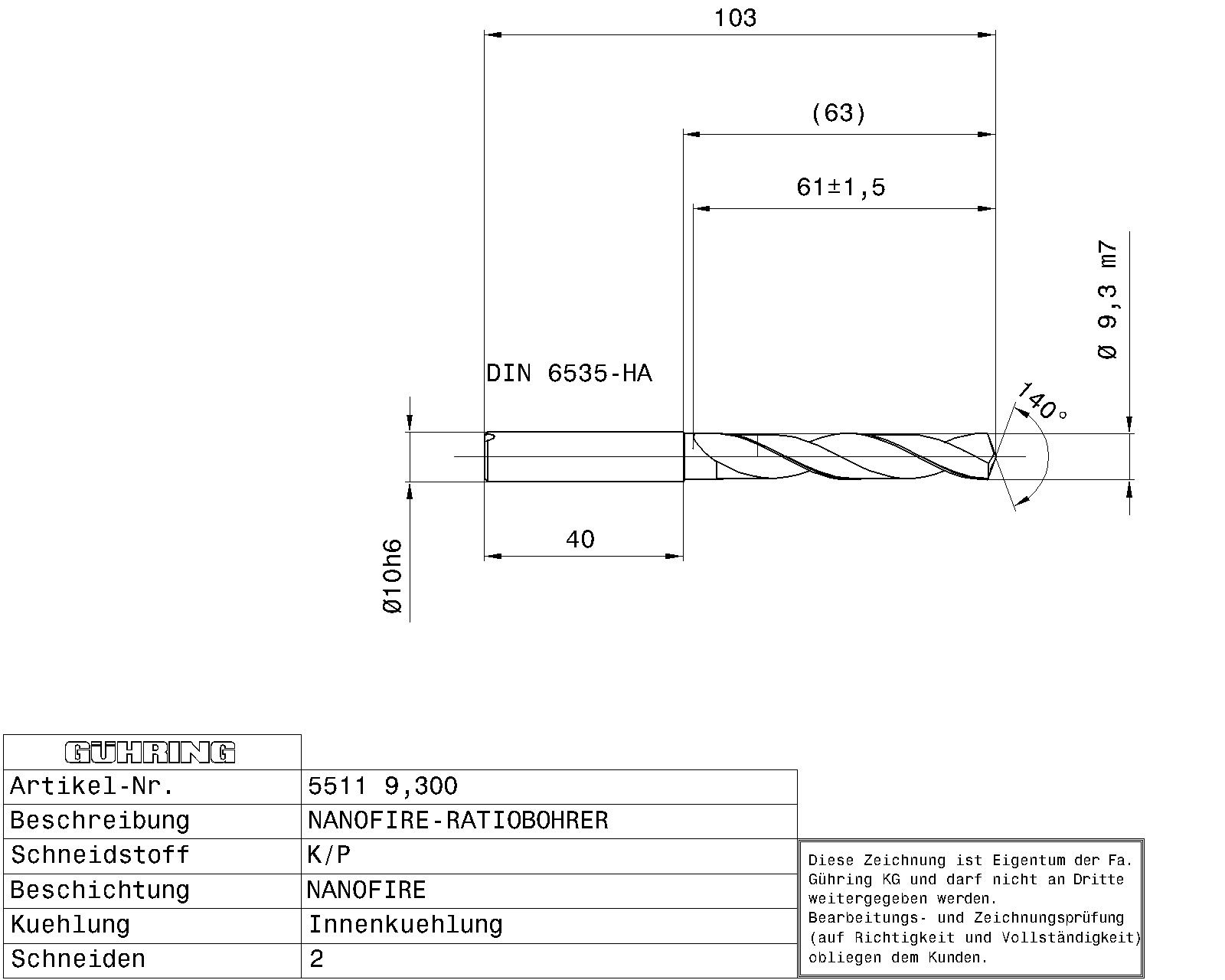 Guhring 5 x D ratio drill thru cool Carbide Fire Coated - Image 2