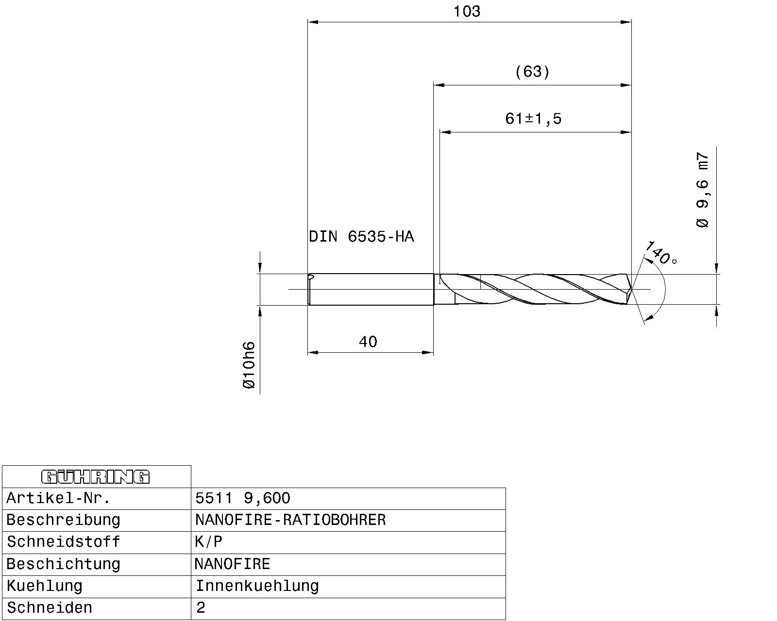 Guhring 5 x D ratio drill thru cool Carbide Fire Coated - Image 2
