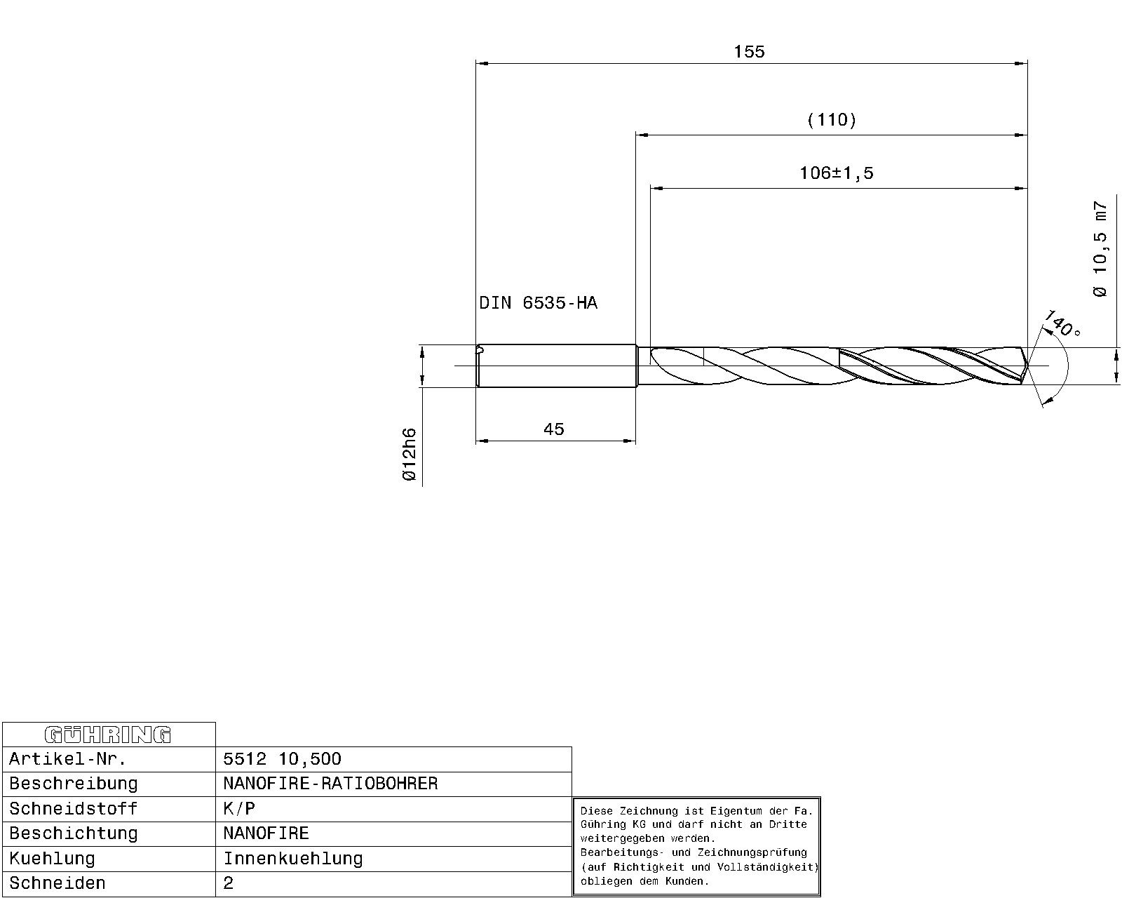Guhring 7 x D ratio drill thru cool Carbide Fire Coated - Image 2