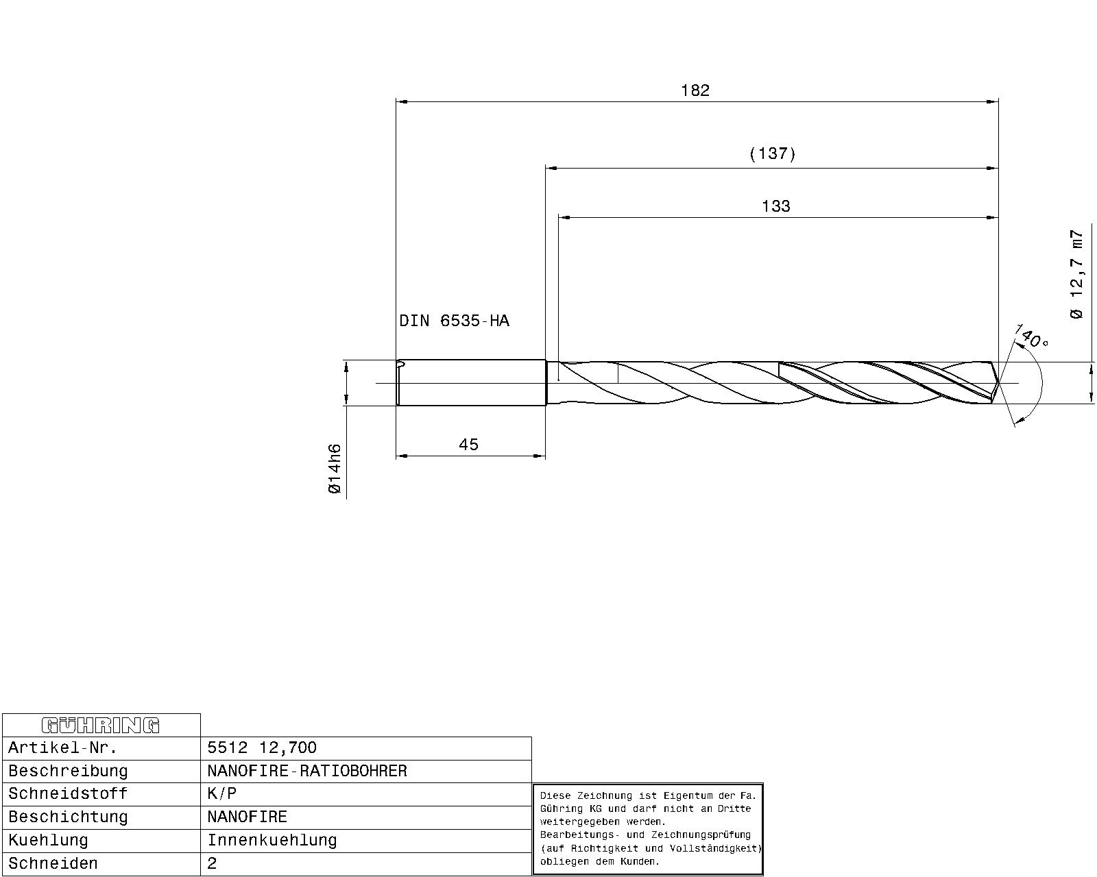 Guhring 7 x D ratio drill thru cool Carbide Fire Coated 1/2 - Image 2
