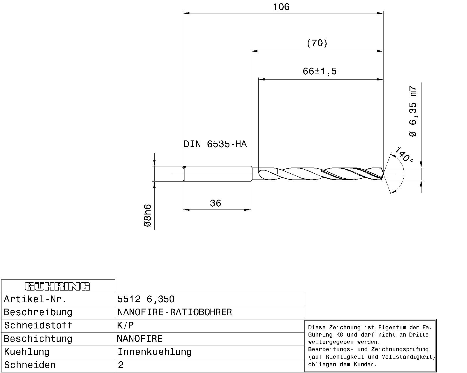 Guhring 7 x D ratio drill thru cool Carbide Fire Coated 1/4 - Image 2