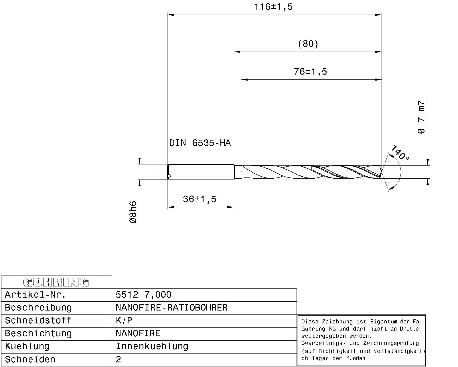 Guhring 7 x D ratio drill thru cool Carbide Fire Coated - Image 2