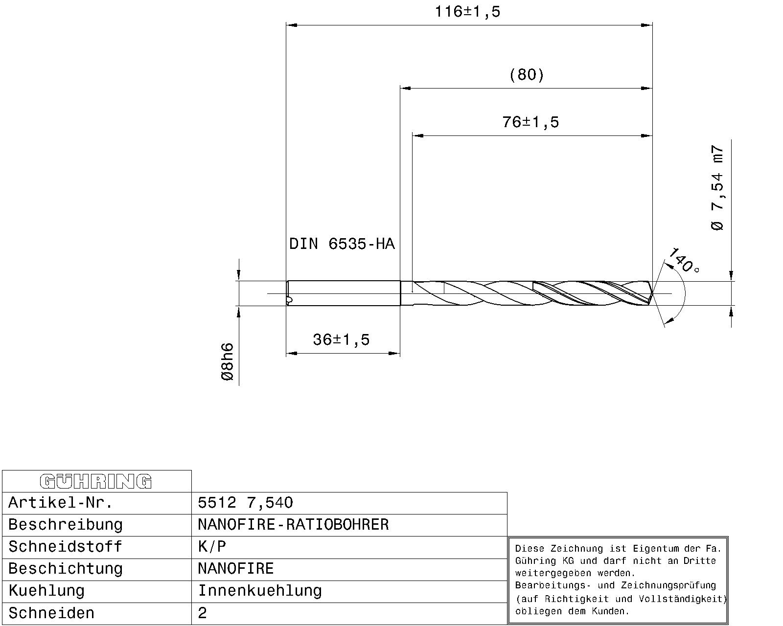 Guhring 7 x D ratio drill thru cool Carbide Fire Coated 19/64 - Image 2