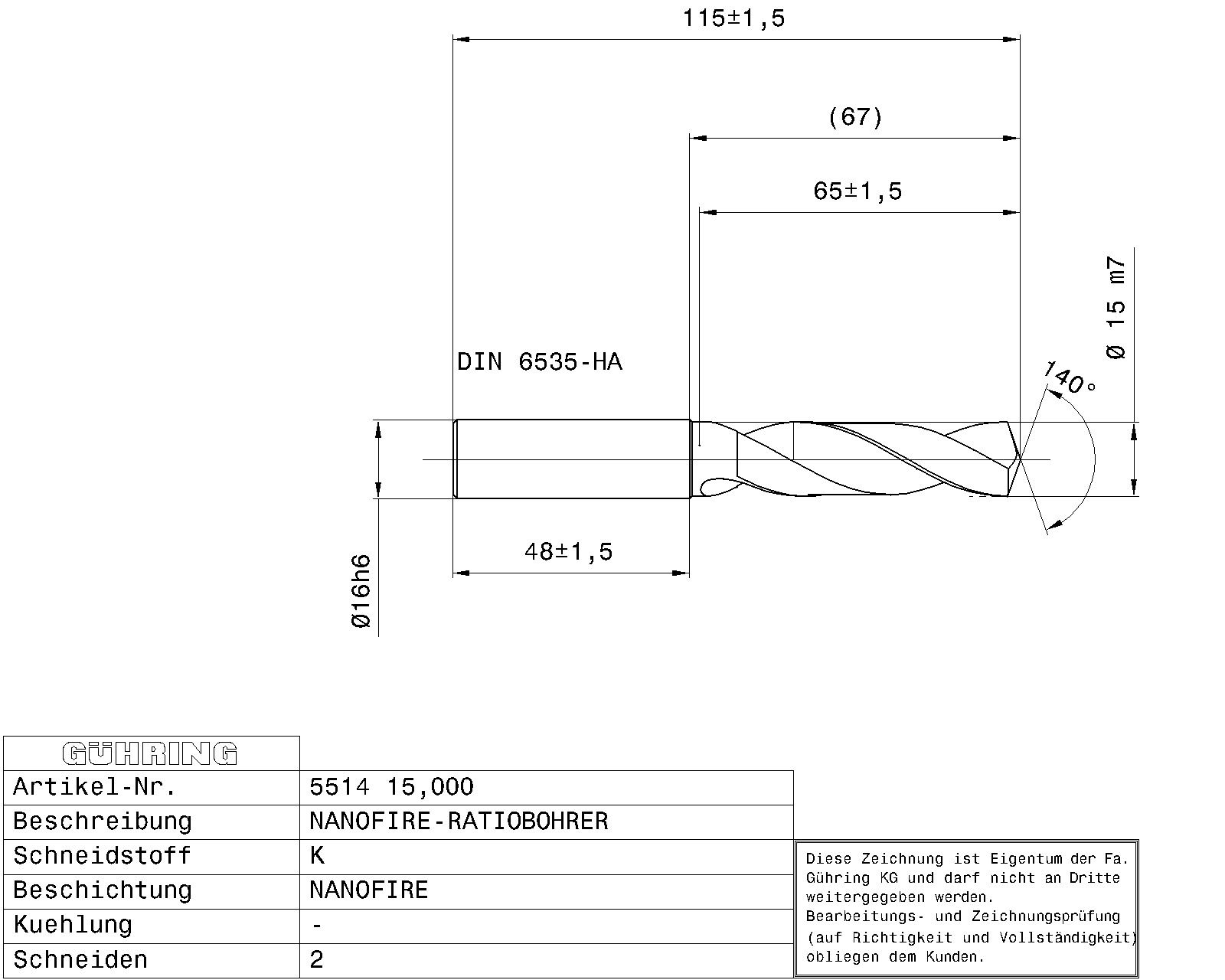 Guhring 3 x D ratio drill Carbide Fire Coated - Image 2