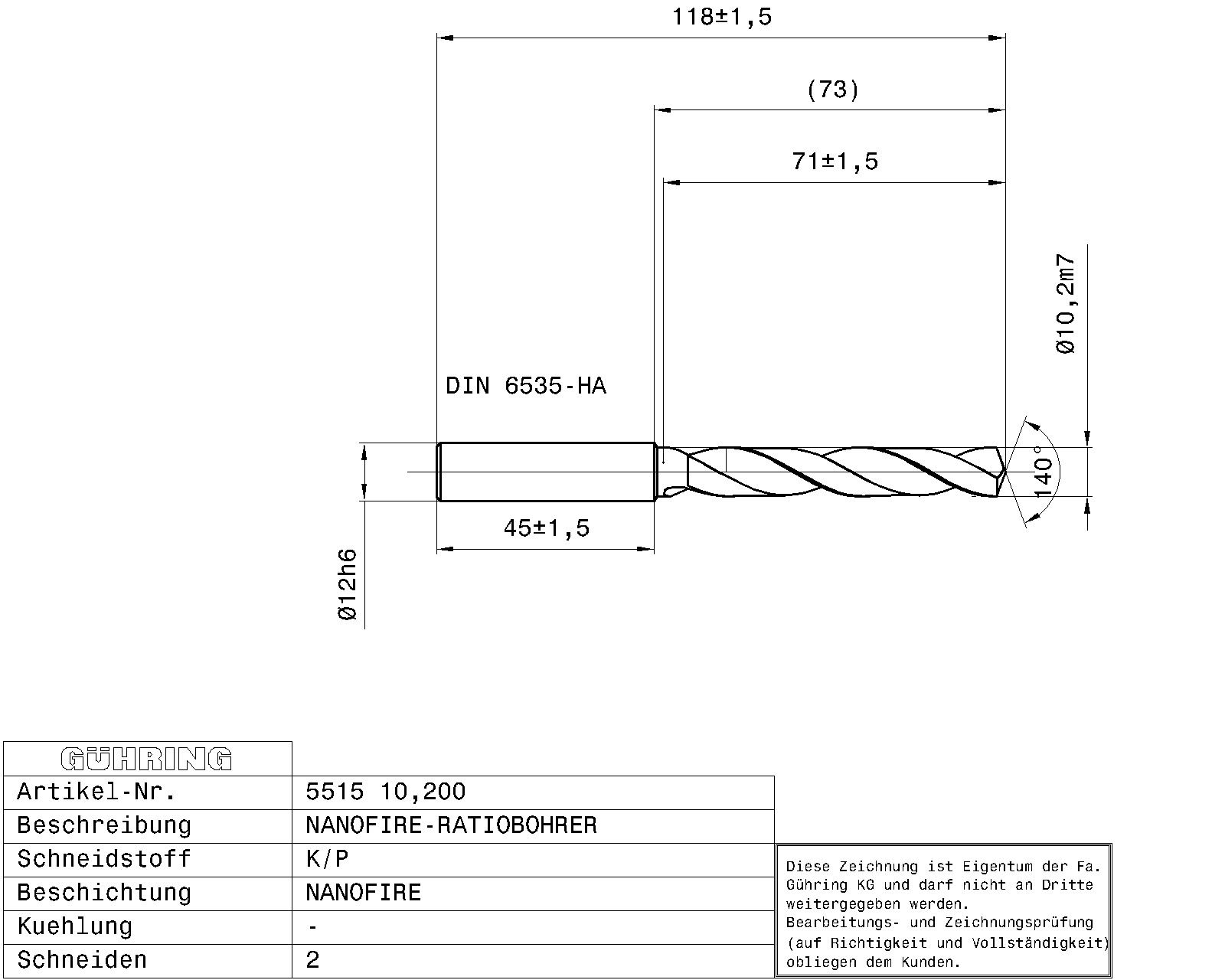 Guhring 5 x D ratio drill Carbide Fire Coated - Image 2
