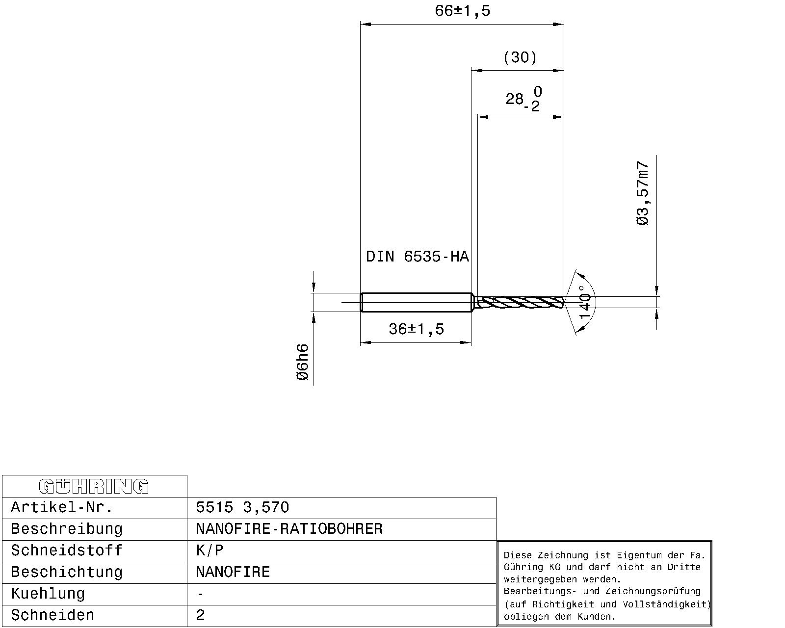 Guhring 5 x D ratio drill Carbide Fire Coated 9/64 - Image 2