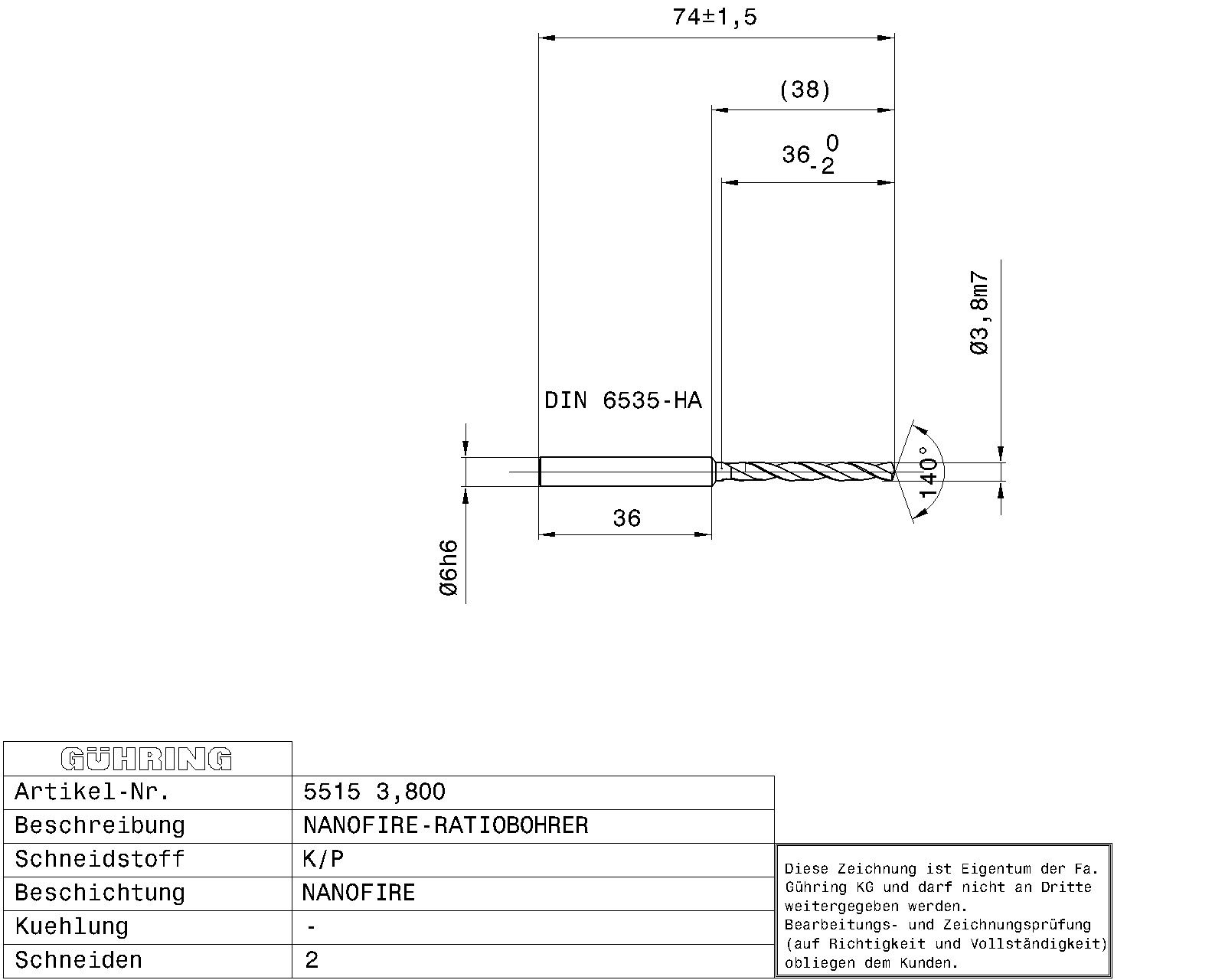 Guhring 5 x D ratio drill Carbide Fire Coated - Image 2